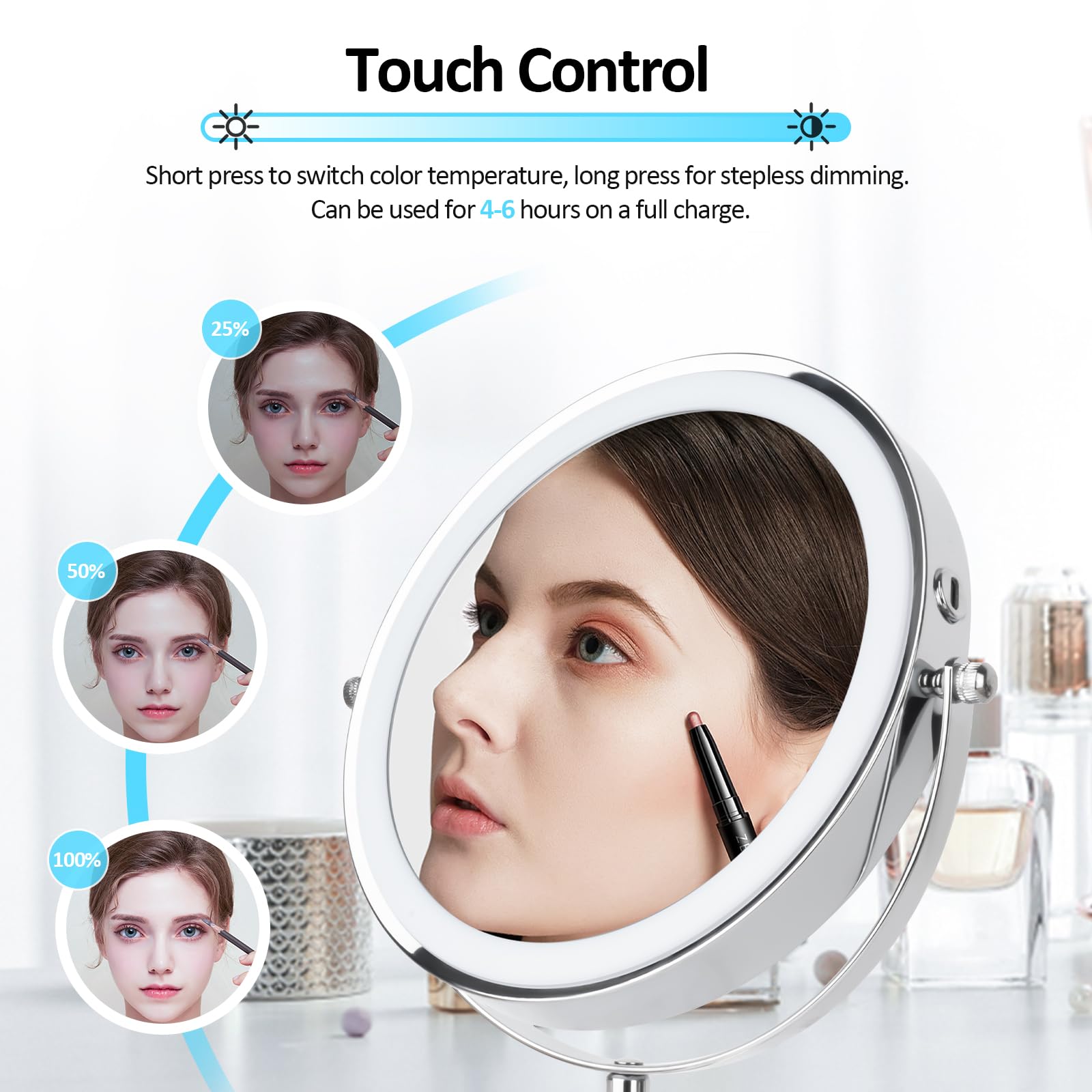 Seaemiko 8'' Makeup Mirror With Lights, Rechargeable 1X/10X Led Lighted Magnifying Mirror With 3 Colors, 360 Rotation Rechargeab