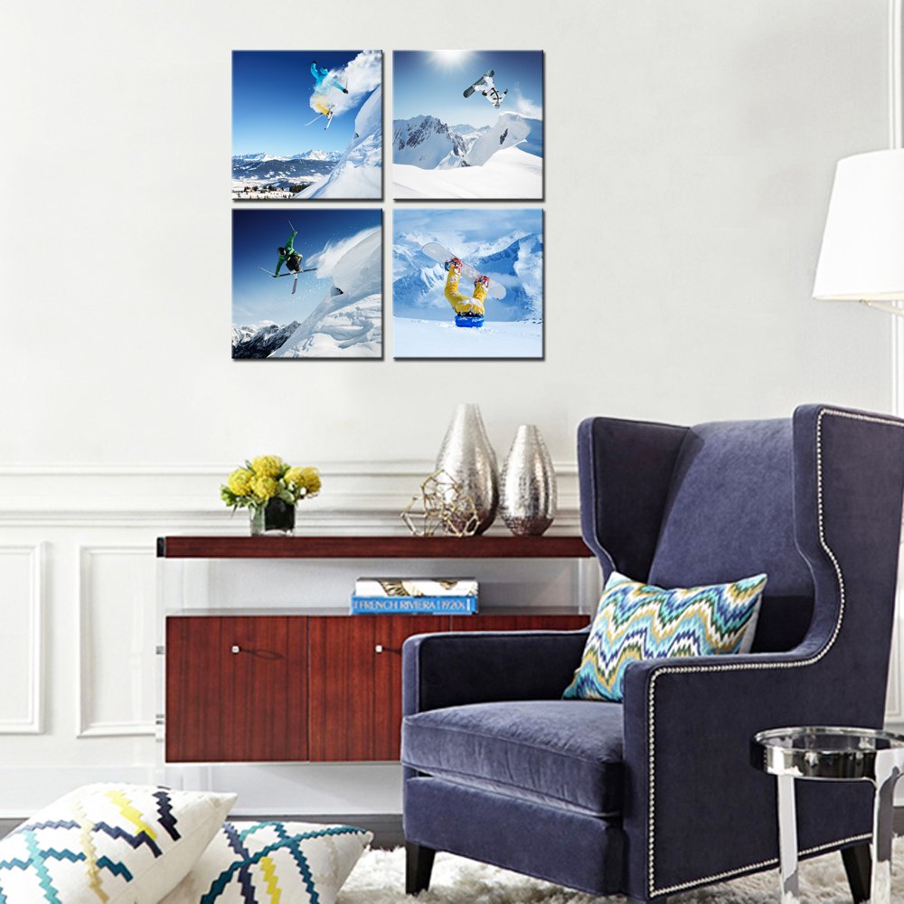 LevvArts Ski Sport Canvas Wall Art Snow Mountain Landscape Picture Photo Canvas Print Wall Decal Framed and Easy Hanging Modern Home Decoration Canvas Art