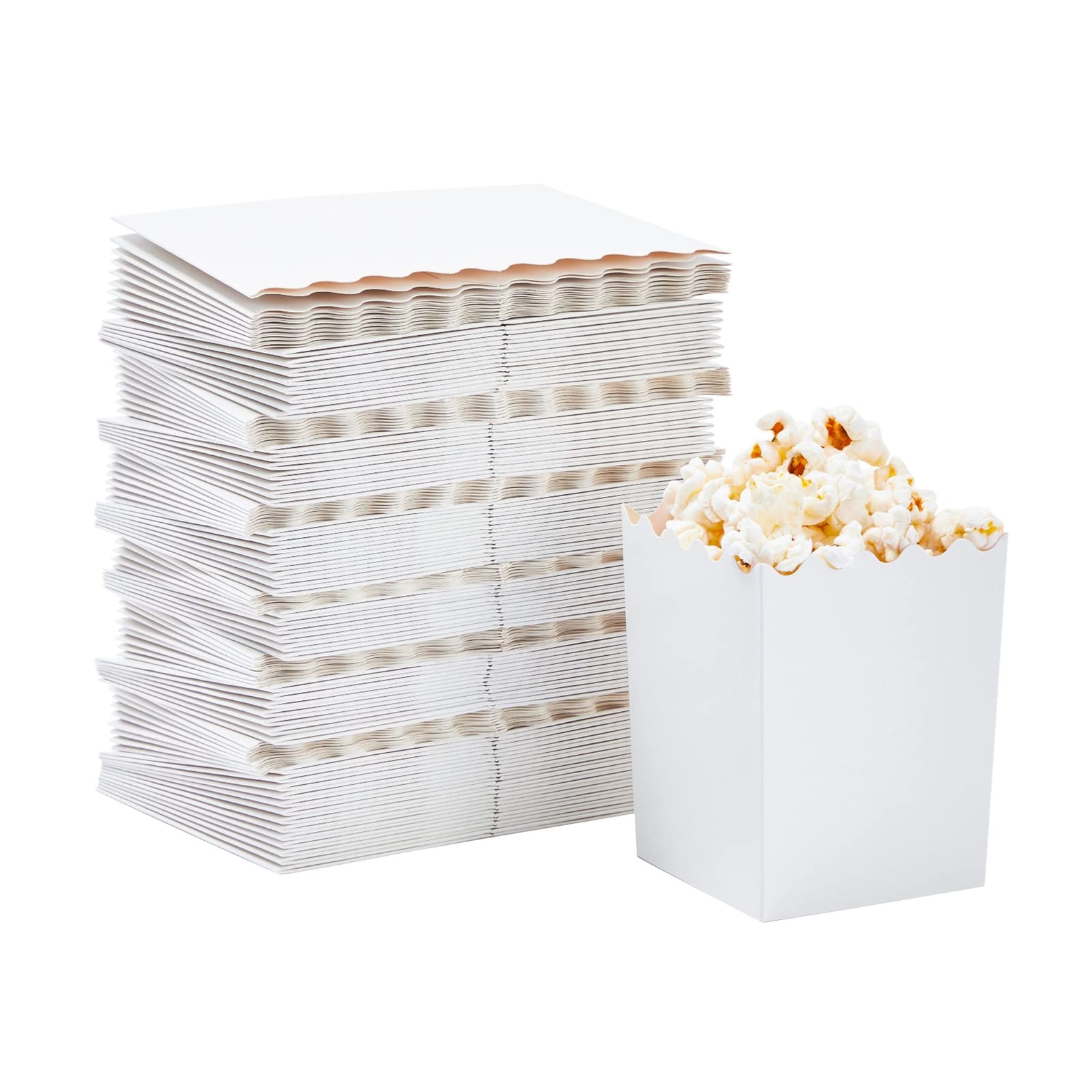 100 Pack Mini Popcorn Containers For Party Supplies, Bulk White Treat Boxes With Scalloped Edges For Movie Night Decorations (3