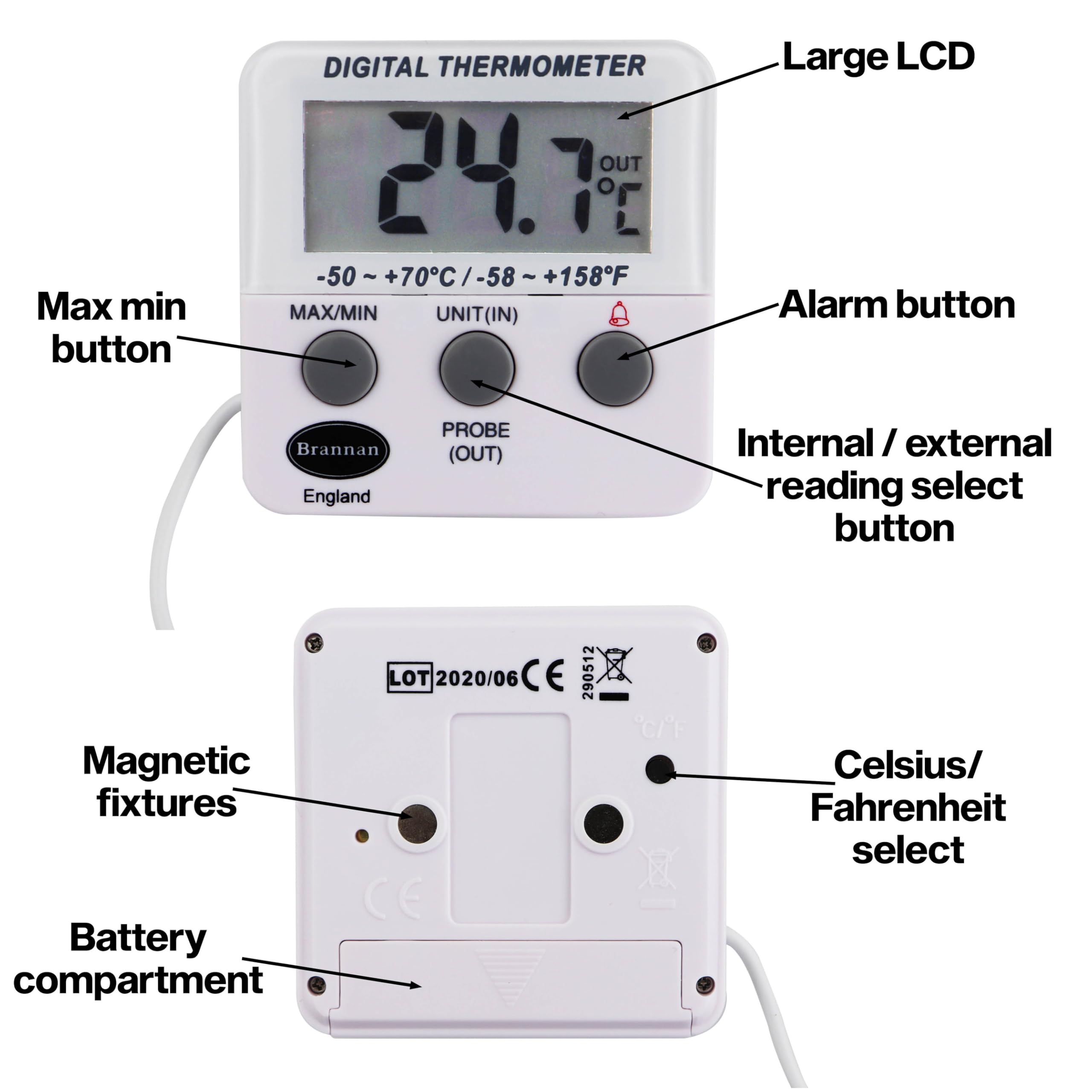 Refrigerator Thermometer Digital - Fridge and Freezer Alarm Alert When Temperatures Drop - Ideal Fridge Freezer Thermometer with Alarm and Max Min