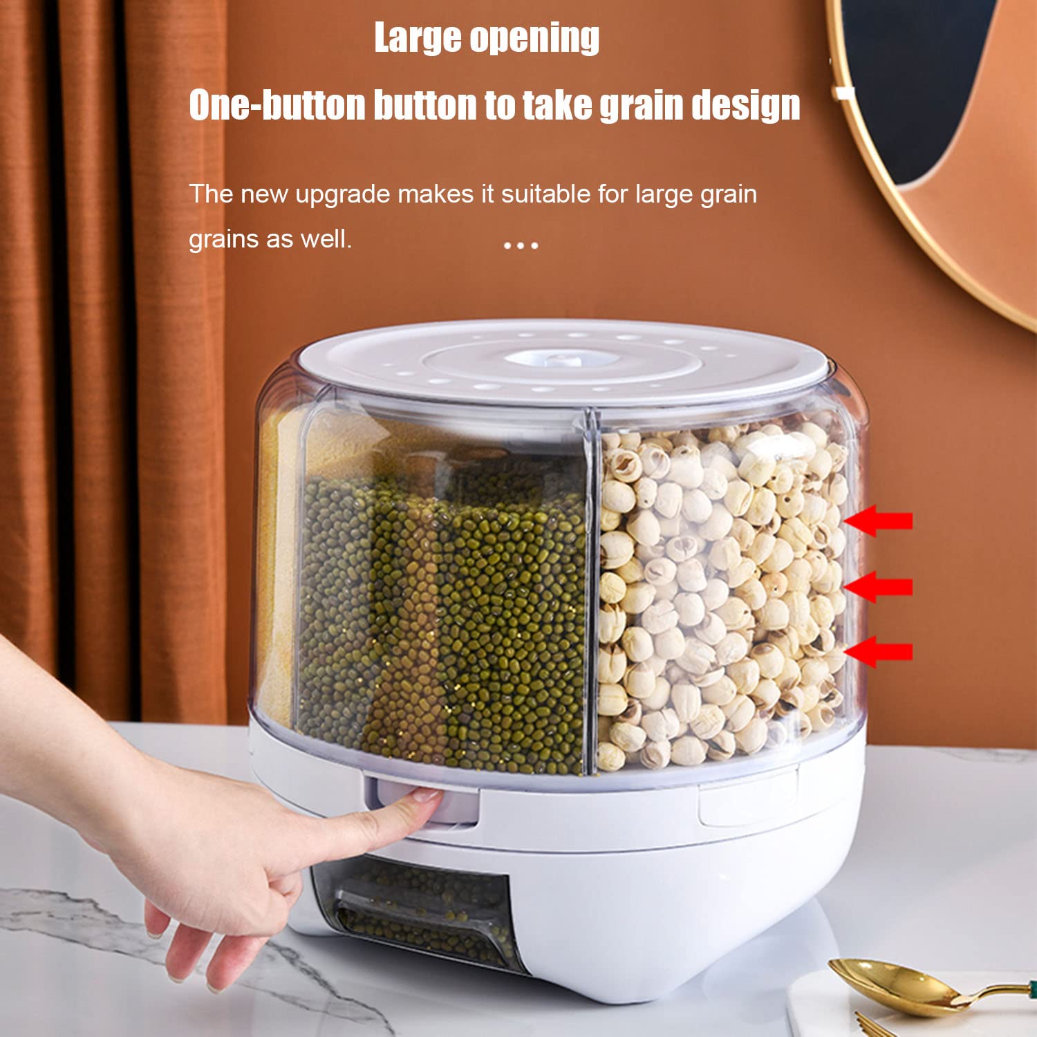 Xiyao 20Lbs Large Grain Dispenser 360Rotating Rice Food Dispenser 6 Grids Rice Container Rotatable Beans Containers Storage With