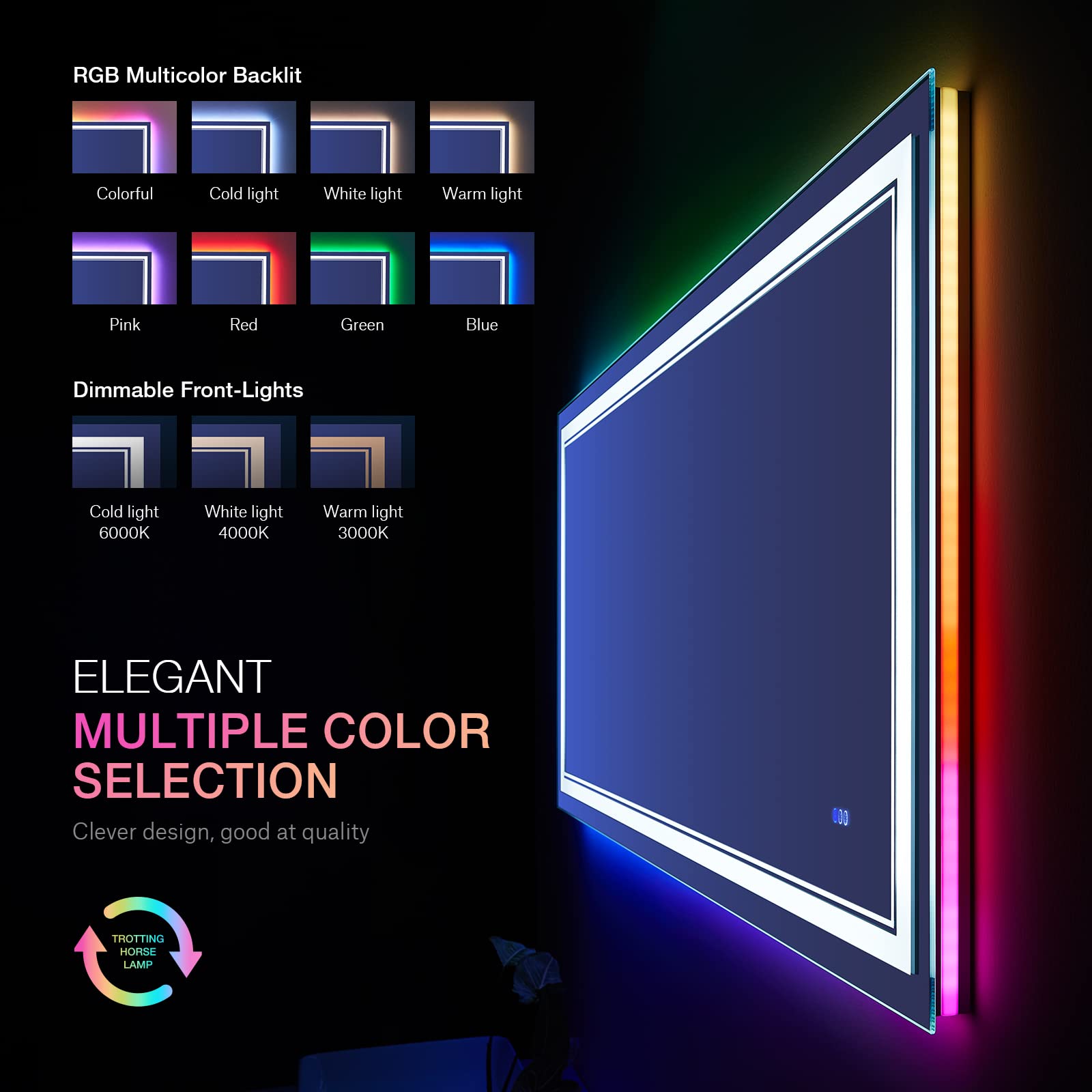 ISTRIPMF 40x32 inch LED Bathroom Mirror with RGB Lights Color Changing Backlit Mirror Shatterproof Dimmable Anti-Fog Lighted Vanity Mirror (RGB Multicolor Backlit + Adjustable Front-Lighted)