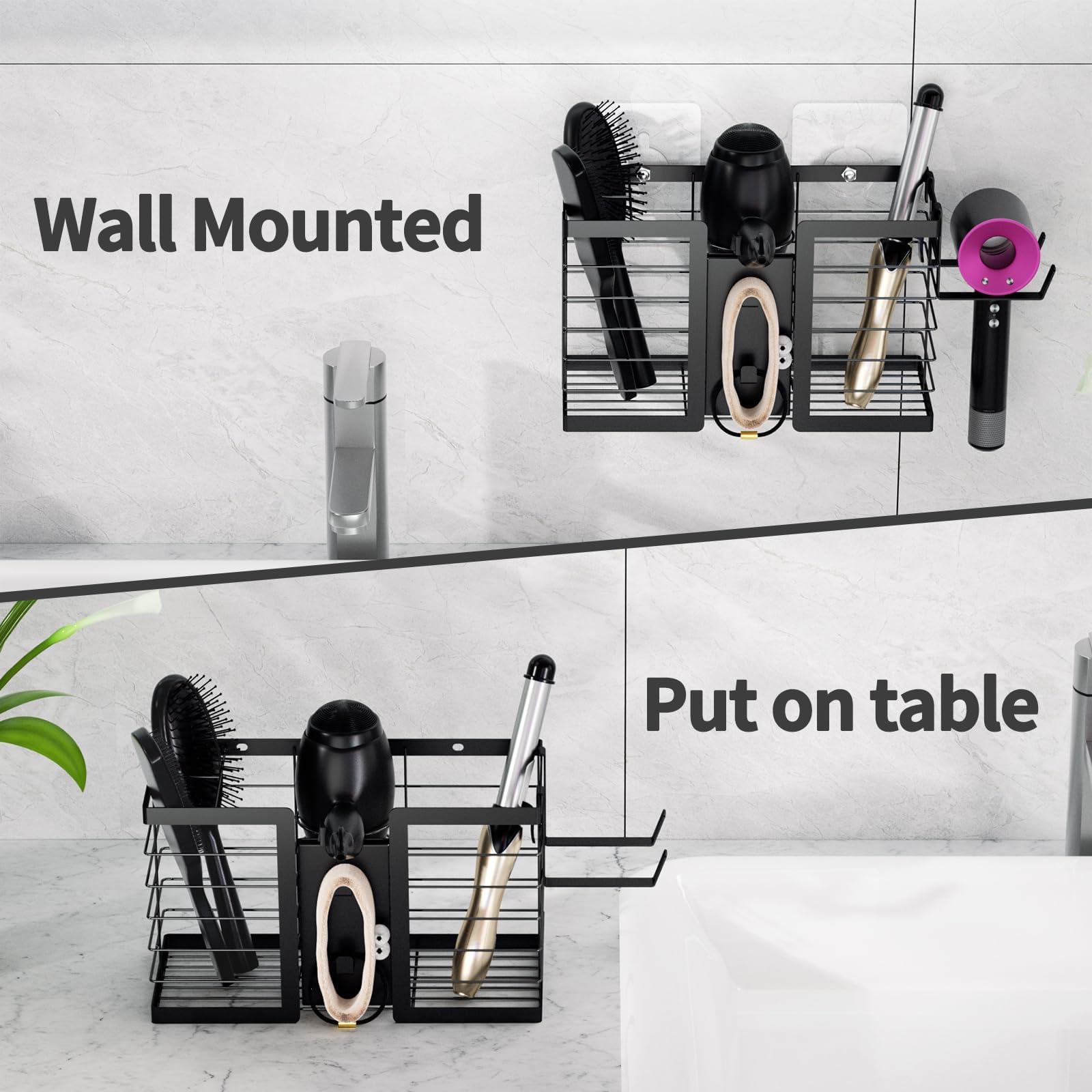 Funkylee Hair Tool Organizer Hair Dryer Holder, 3 In 1 Metal Bathroom Blow Dryer Organizer Wall Mount For Flat Iron, Curling Iro