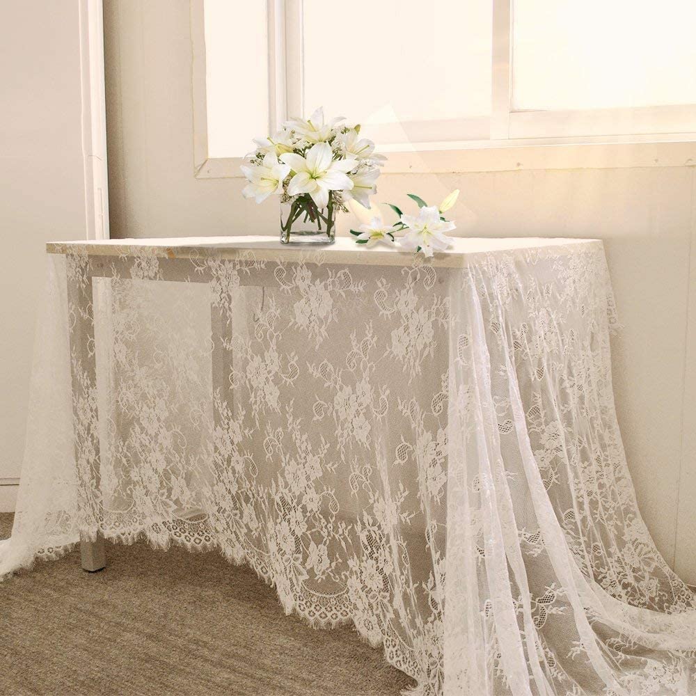 Queendream White Lace Tablecloth Rectangular Spring Wedding Table Cloth 60 X120 Inches Vintage Embroidered Lace Fabric Overlay F