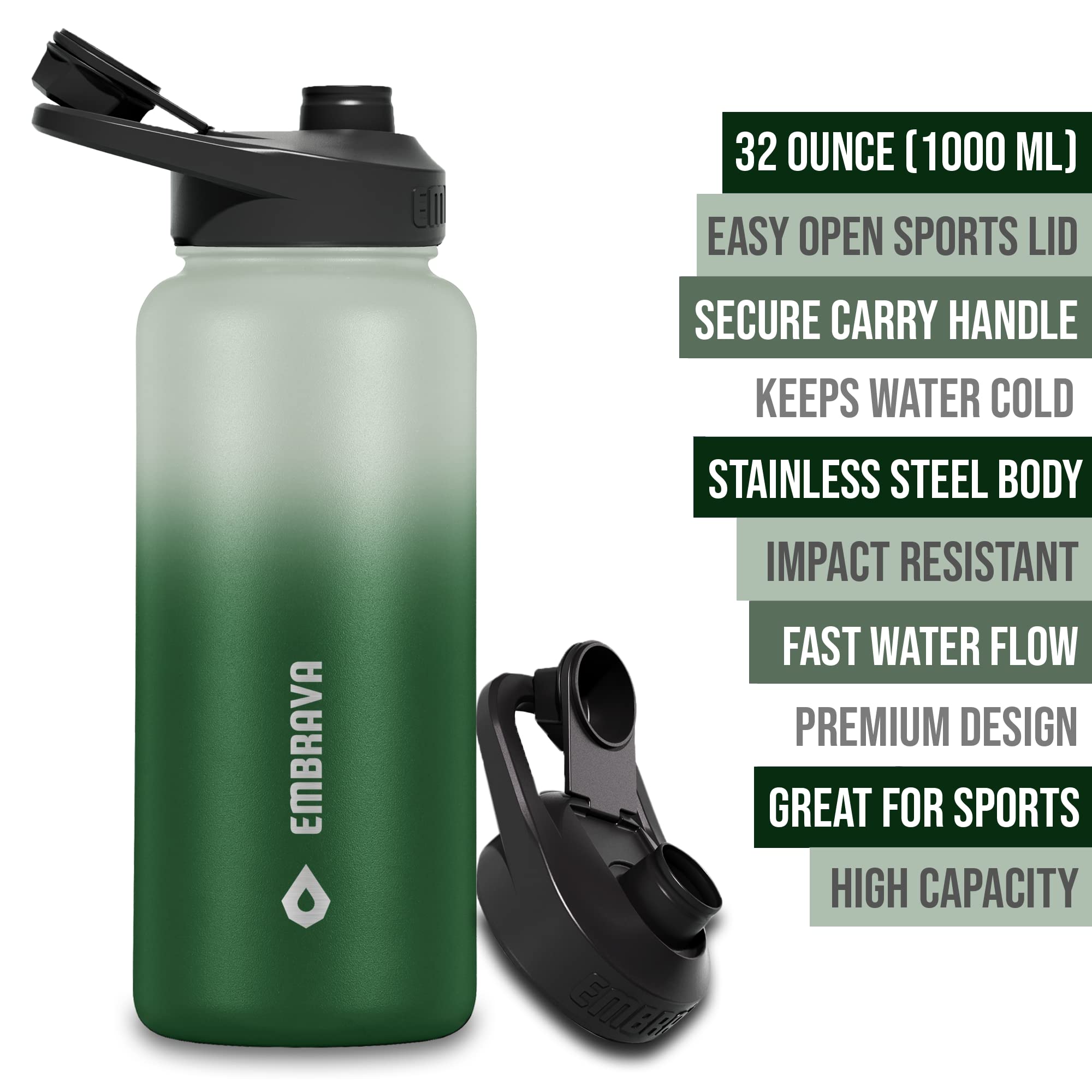 Embrava Insulated Sports Water Bottle - 32Oz - Quick Open Lid For Gym, Workouts And Outdoors - Leak Proof - Bpa & Bps Free - Dou