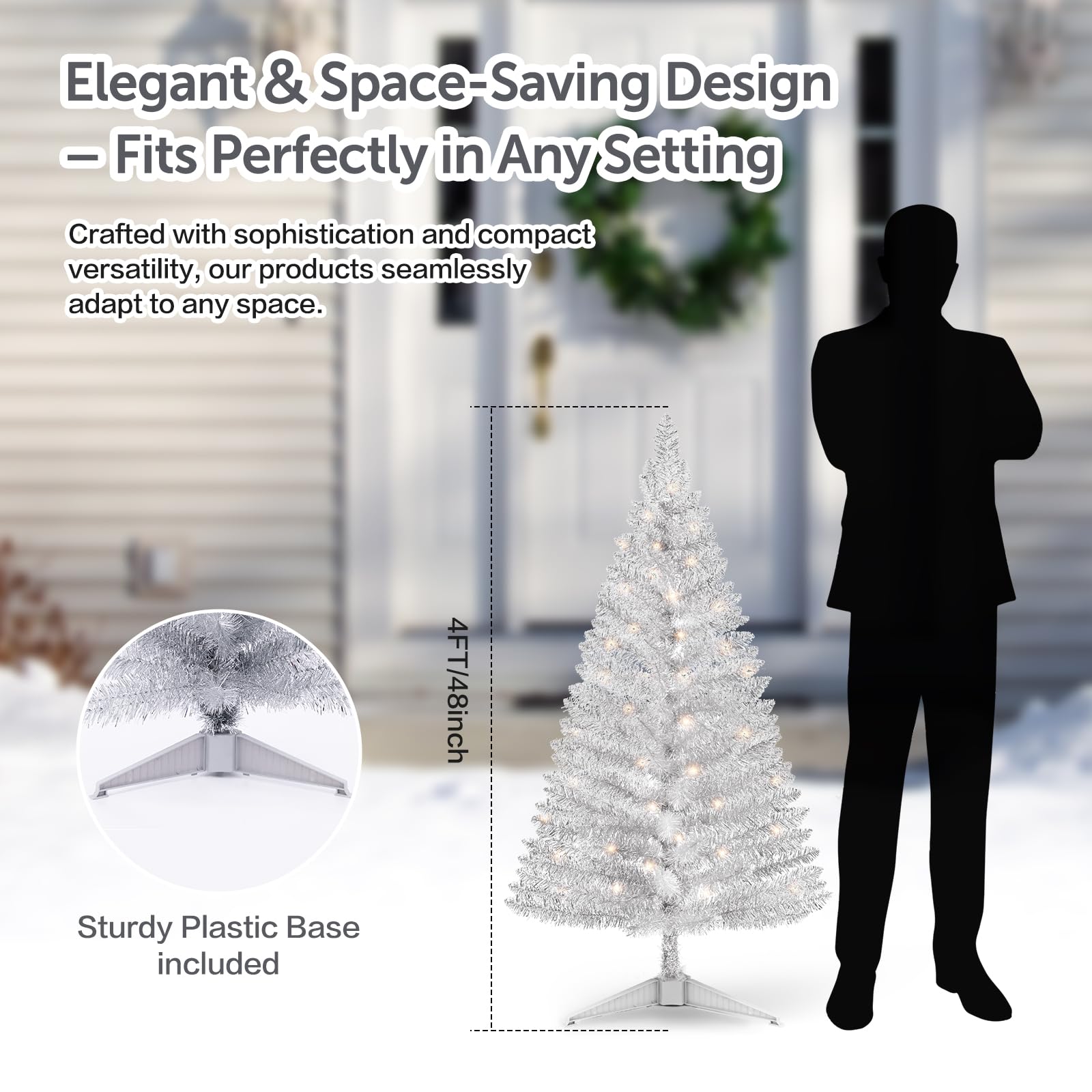 Santanelo 4ft Lighted Silver Artificial Christmas Tree with Lights,Snowy Artificial Xmas Tree, Not Pre-lit Small Xmas Pine Tree