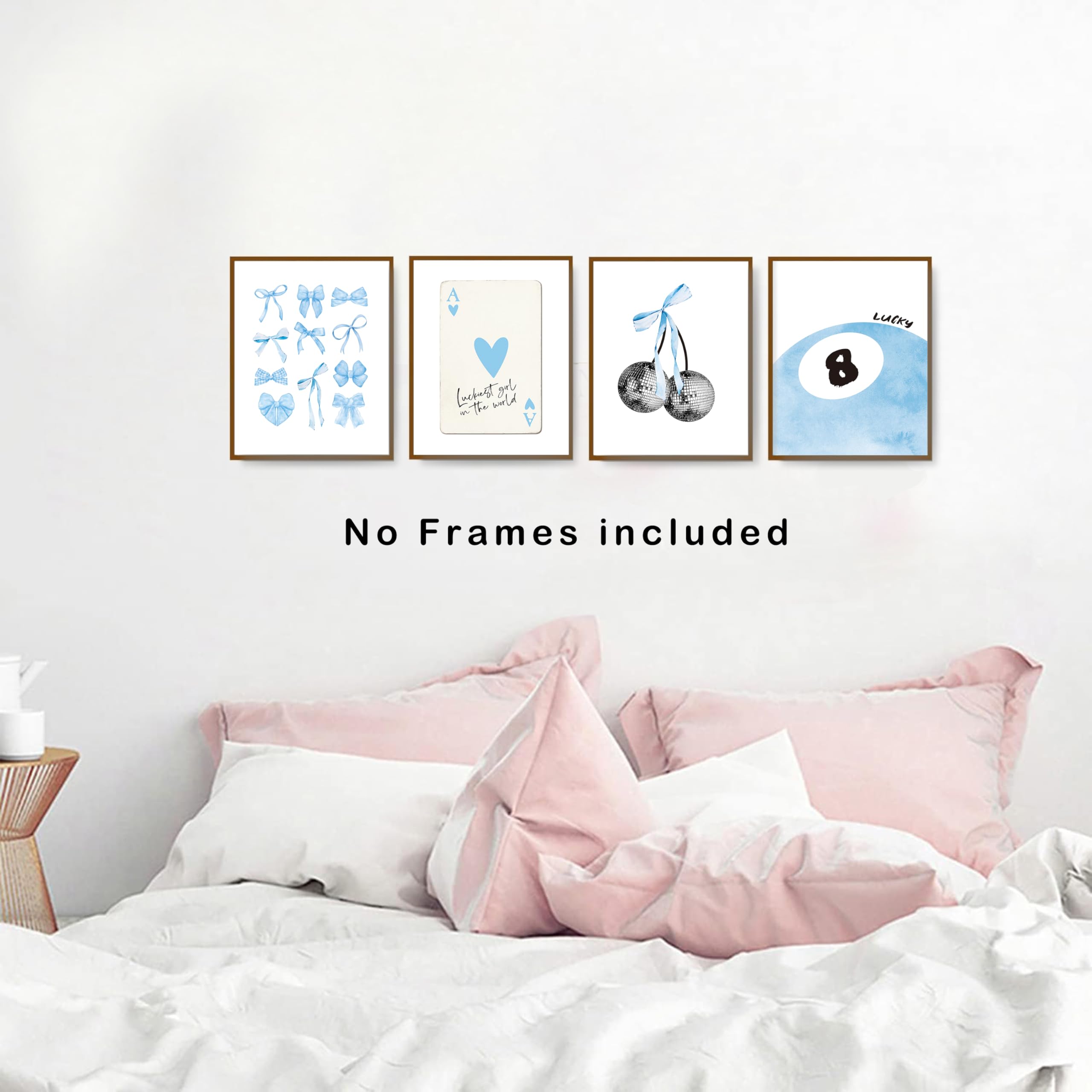 Okaxscm Blue Coquette Trendy Preppy Wall Art Prints Set Of 4, Coquette Room Decor, Preppy Room Decor Aesthetic, Blue Bow Disco 8