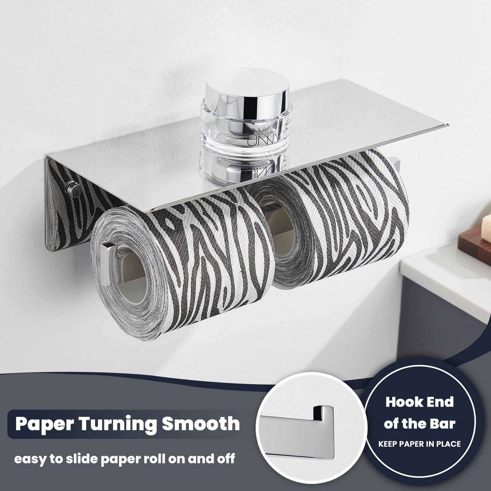 Toilet Paper Holder With Shelf, Suyar 304 Stainless Steel Bathroom Double Paper Roll Toilet Tissue Holder With Phone Shelf Wall