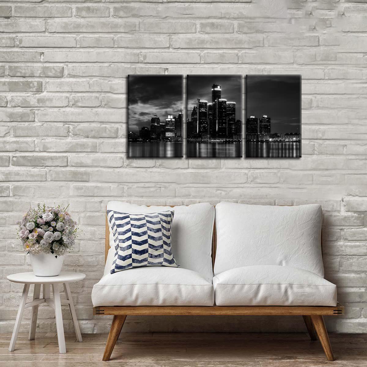 Nan Wind 3 Pcs Wall Art Beautiful Detroit Skyline Black & White Canvas Art Paintings For Room Decor Cityscape Skyscrapers Night