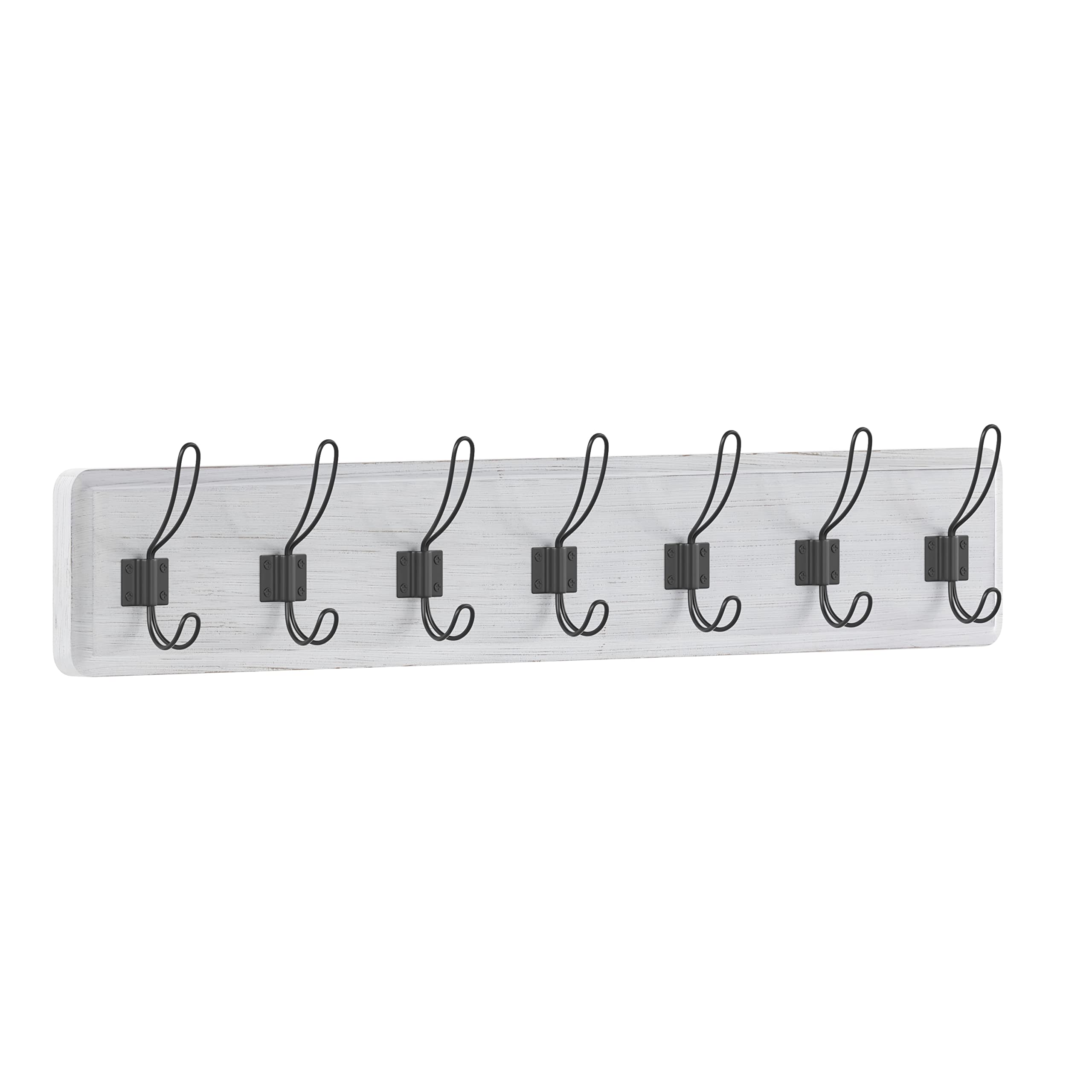 HBCY Creations Whitewash Solid Wood Wall Mounted Coat Rack with Shelf, 7 Hooks, 34 Long - Kitchen, Mudroom, Entryway, Bathroom -