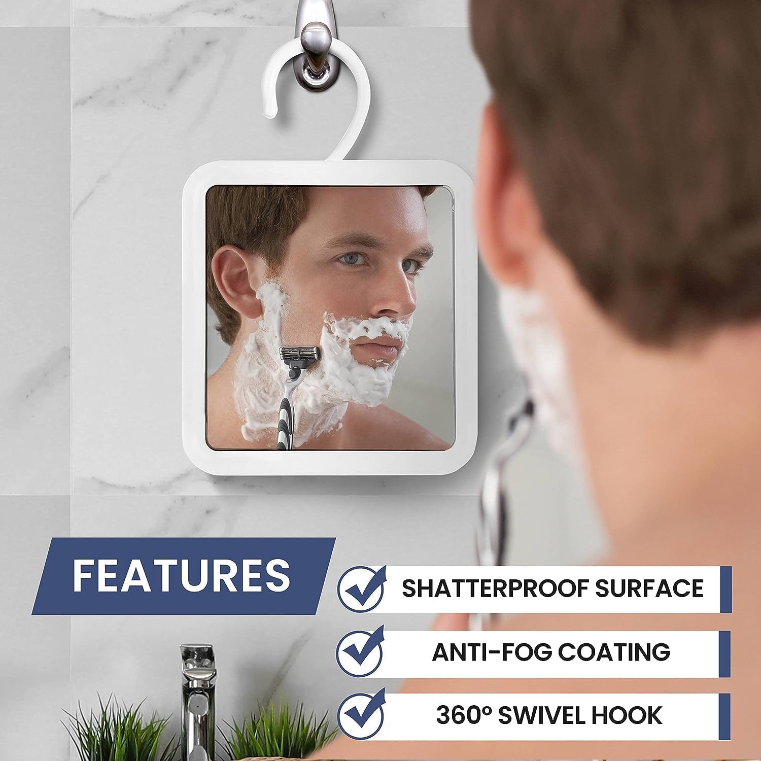 Mirrorvana Hangable Fogless Shower Mirror For Shaving With 360 Swivel Hook For Hanging - Anti Fog And Shatterproof 6.3'' X 6.3''