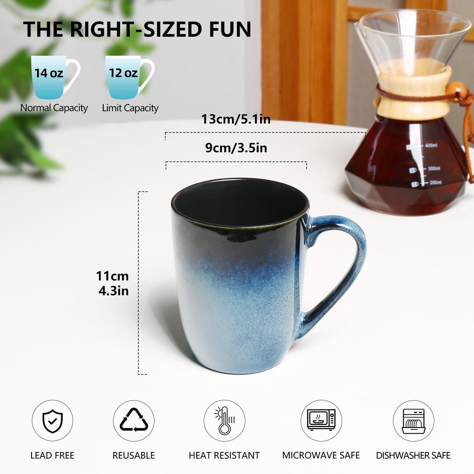 MONITO 14 OZ Coffee Mugs Set of 6, Modern Large Ceramic Coffee Mugs Set with handle for Tea/Latte/Milk/Cocoa, Funny Tea Cups for