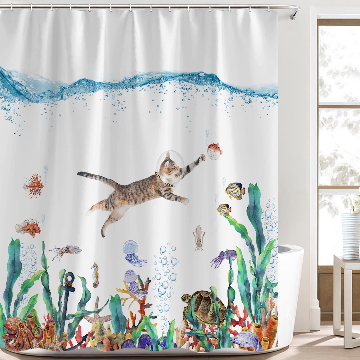 Funny Cat Fabric Shower Curtain For Bathroom, Ocean Animal Octopus Starfish Turtle Nautical Anchor Fish Shower Curtain Cute Fun