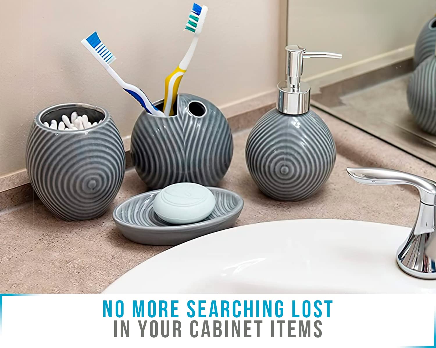 Designer 4-Piece Bathroom Accessory Set - Ceramic Bath Set W/Liquid Soap Or Lotion Dispenser, Toothbrush Holder, Tumbler And Soa