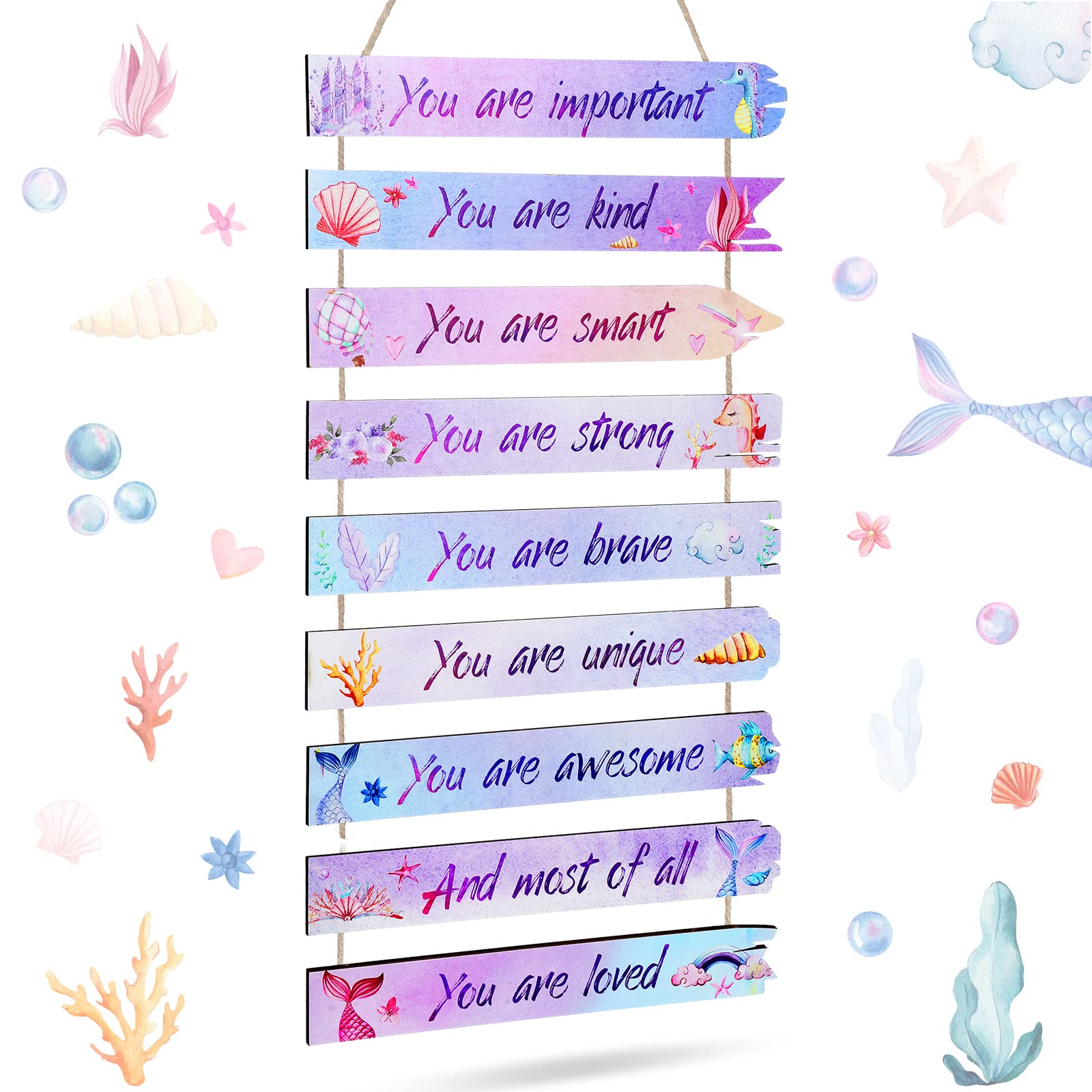 9 Pcs Watercolor Mermaid Wall Decor Inspirational Mermaid Wall Art Room Wall Decor Aesthetic Wooden Wall Hanging Sign Wall Decor