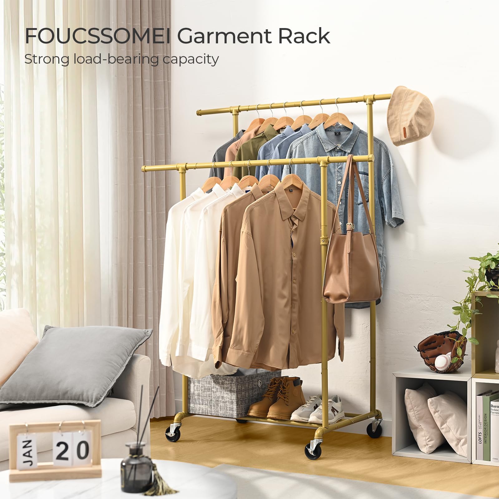 Foucssomei Heavy Duty Clothes Rack, Rolling Clothes Rack, Clothing Rack With Wheels,Clothing Hanger Organizer, Double Rod, Max 4