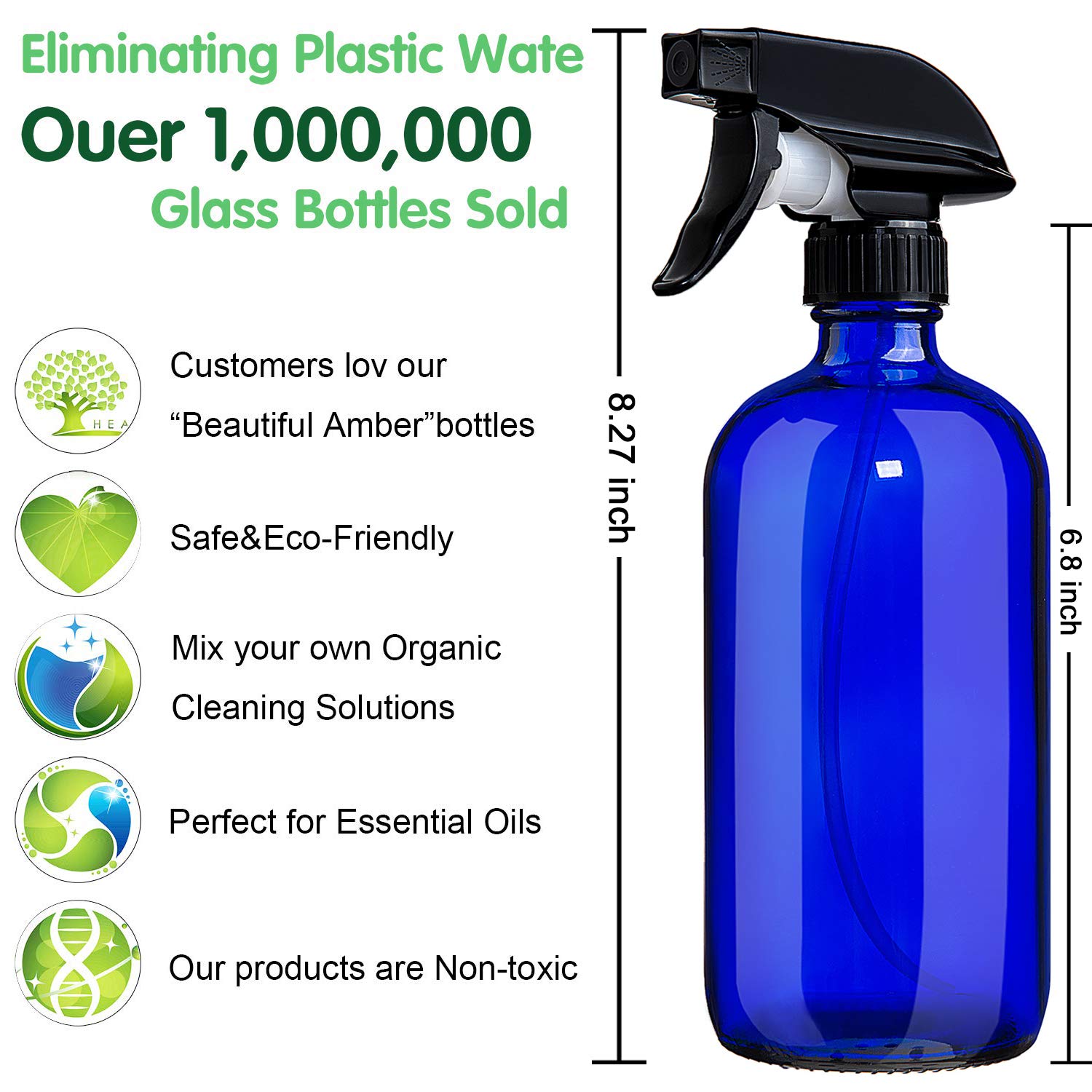 Veyiina Nero 16Oz Amber Glass Spray Bottles (2 Pack) Refillable Cosmetic Containers,Brown Mist & Stream Mister For Essential Oil