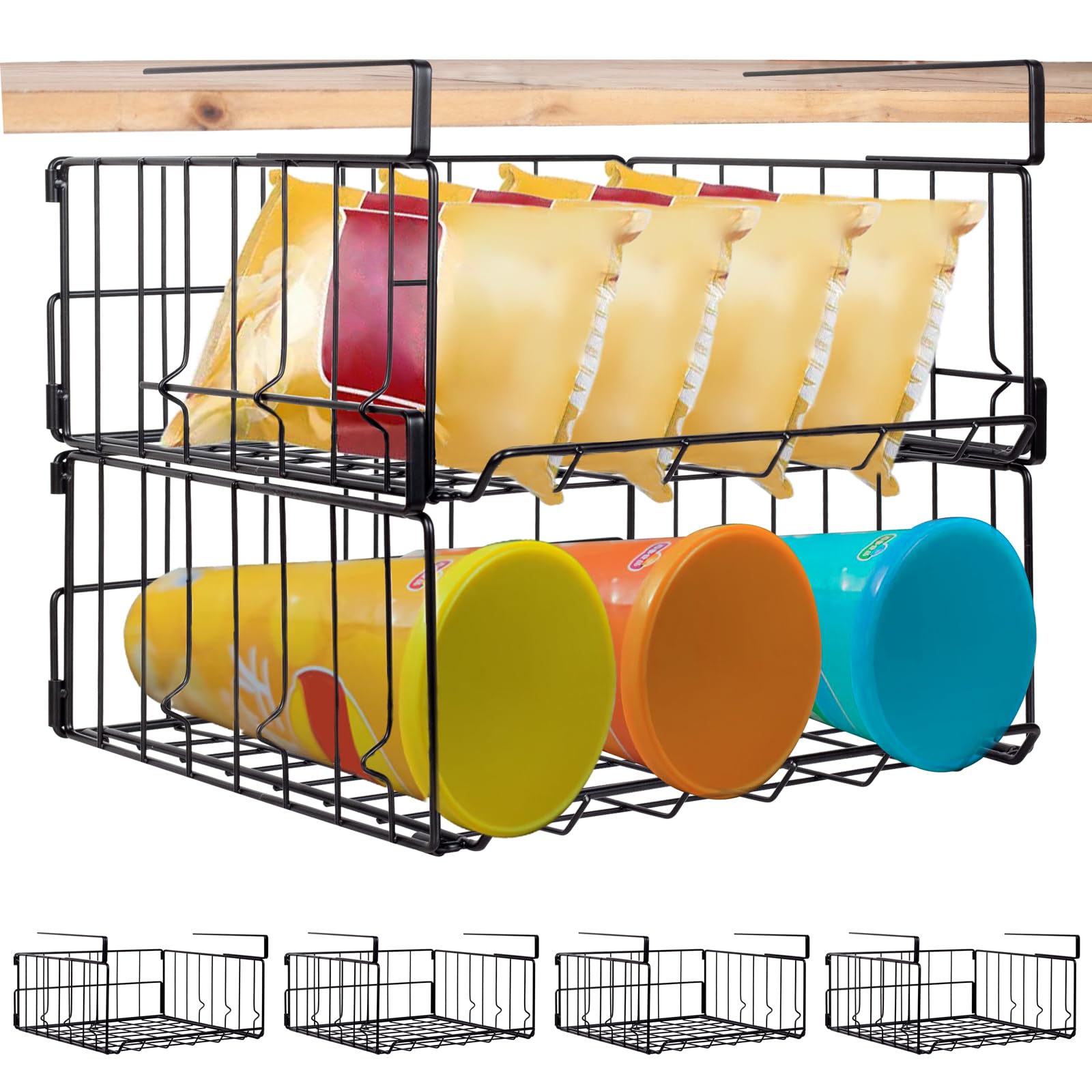 Hanging Under Shelf Storage Basket, 4 Pack Foldable Under Cabinet Metal Desk Storage Wire Rack Organizer For Kitchen Pantry Book