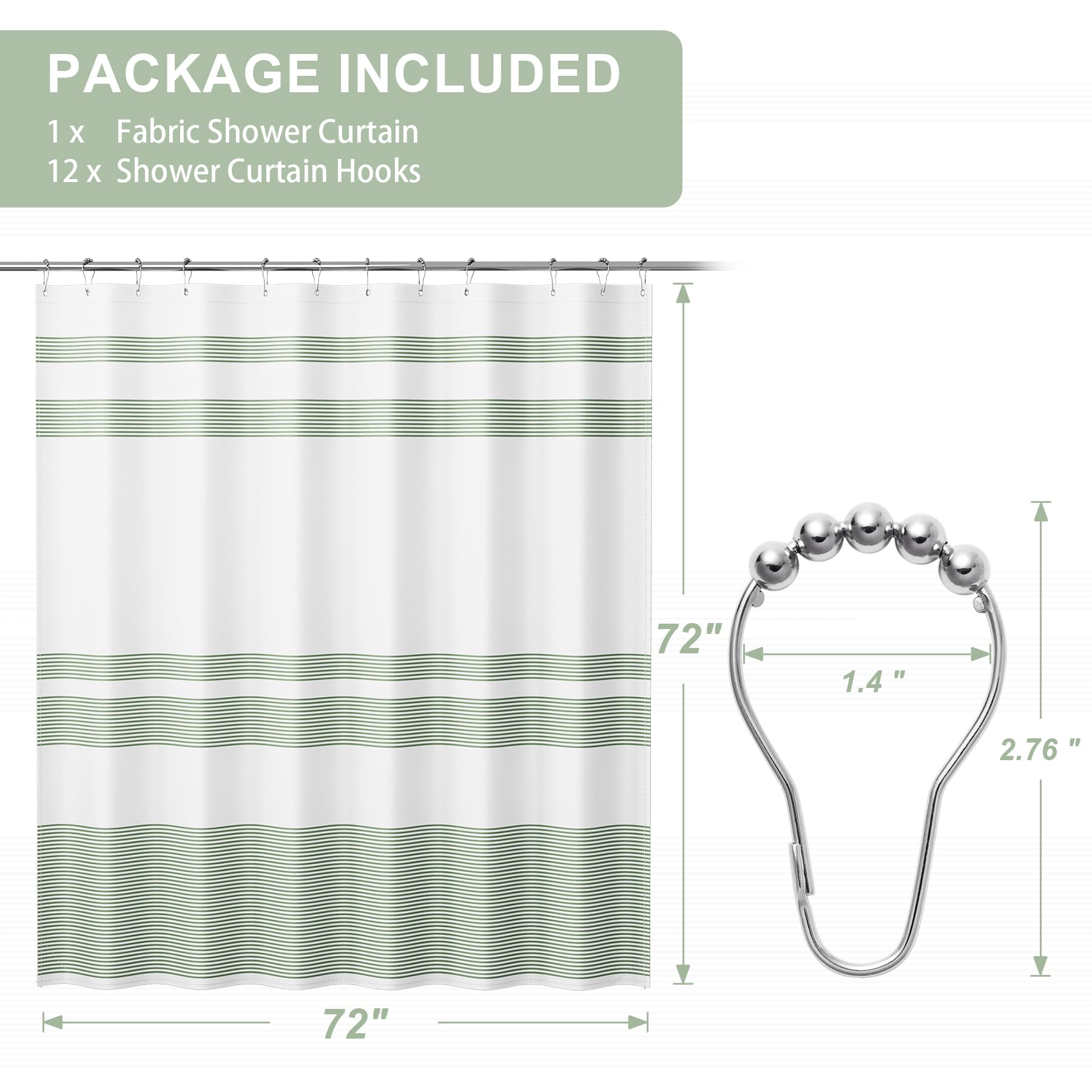 Amazerbath Shower Curtain, Washable Cloth Sage Green Shower Curtain With 12 Shower Curtain Hooks, Fabric Green And White Striped