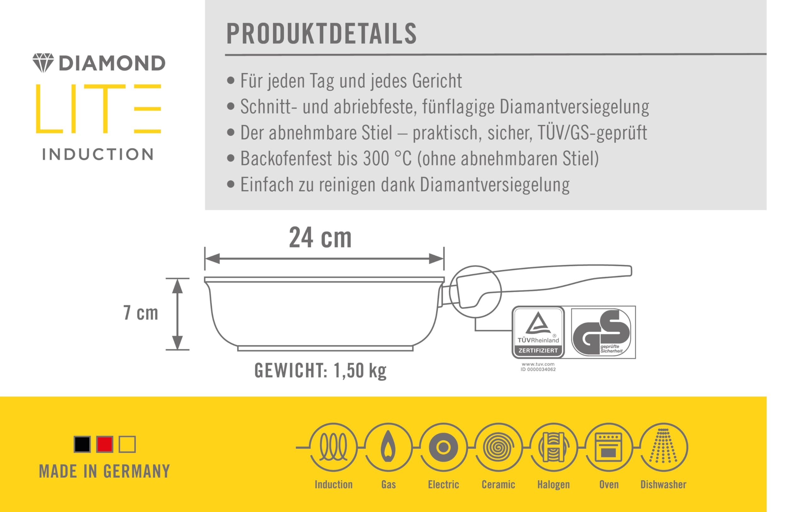 Woll Diamond 1724Dpi Lite Cast High Randpfanne Induction 24 Cm Diameter 7 Cm High With Removable Handle