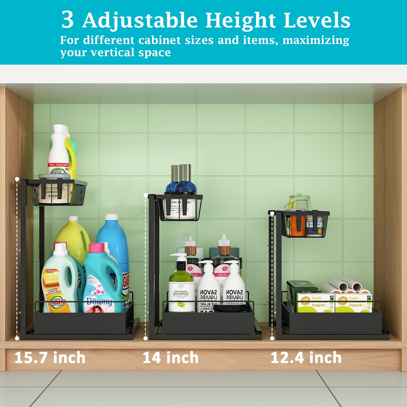 Realinn Under Sink Organizer, 2 Pack Height Adjustable Kitchen Organizers And Storage, 2 Tier Pull Out Sliding Cabinet Organizer