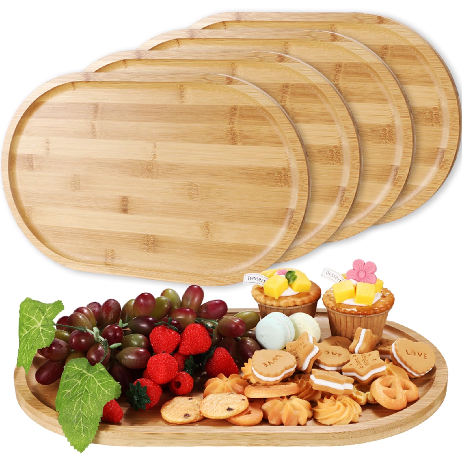 Tanlade 4 Pieces Bamboo Oval Serving Tray, 16 X 10 Inch, Rustic Wooden Trays For Crafts, Desserts, Tea, Coffee, Candy