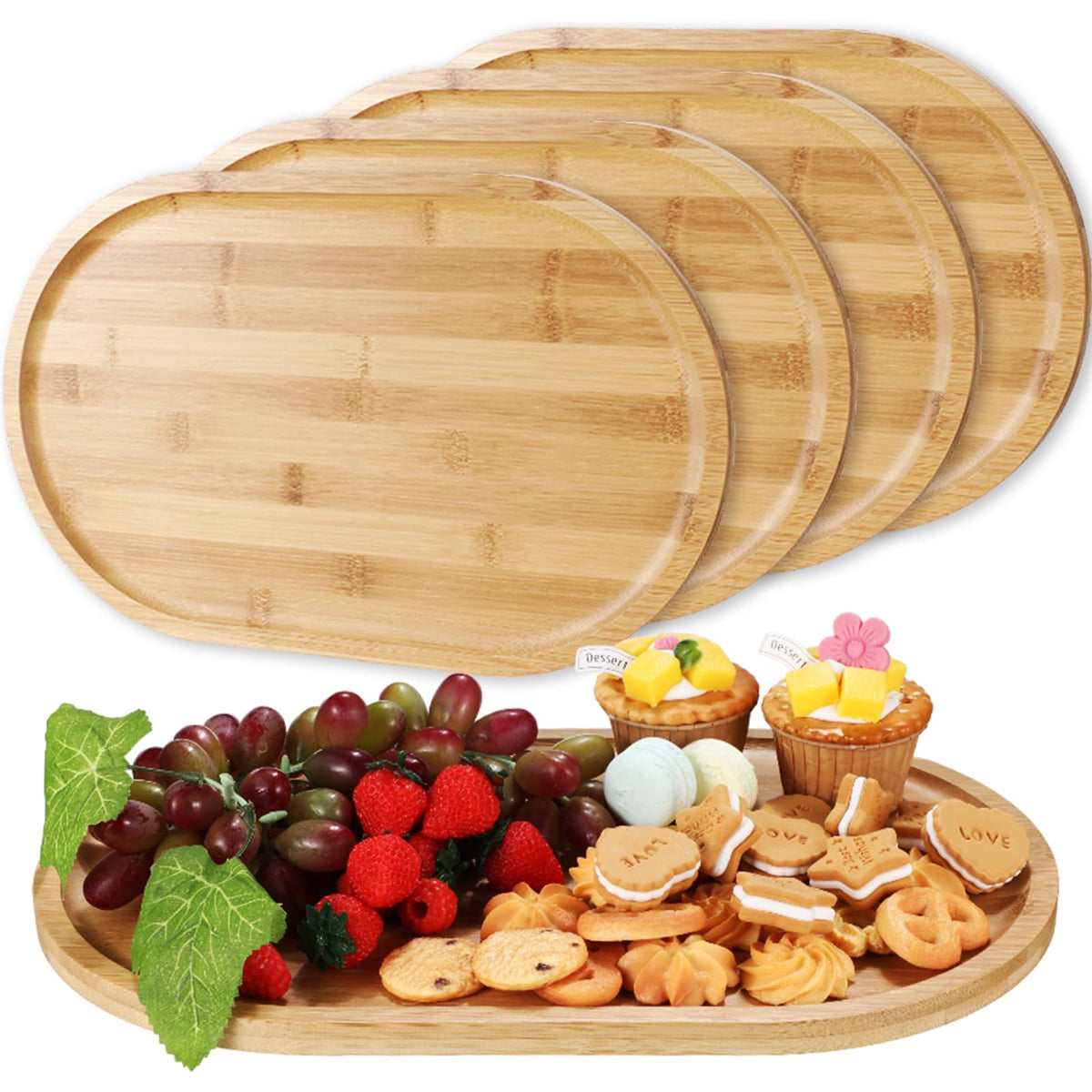 Tanlade 4 Pieces Bamboo Oval Serving Tray, 16 X 10 Inch, Rustic Wooden Trays For Crafts, Desserts, Tea, Coffee, Candy