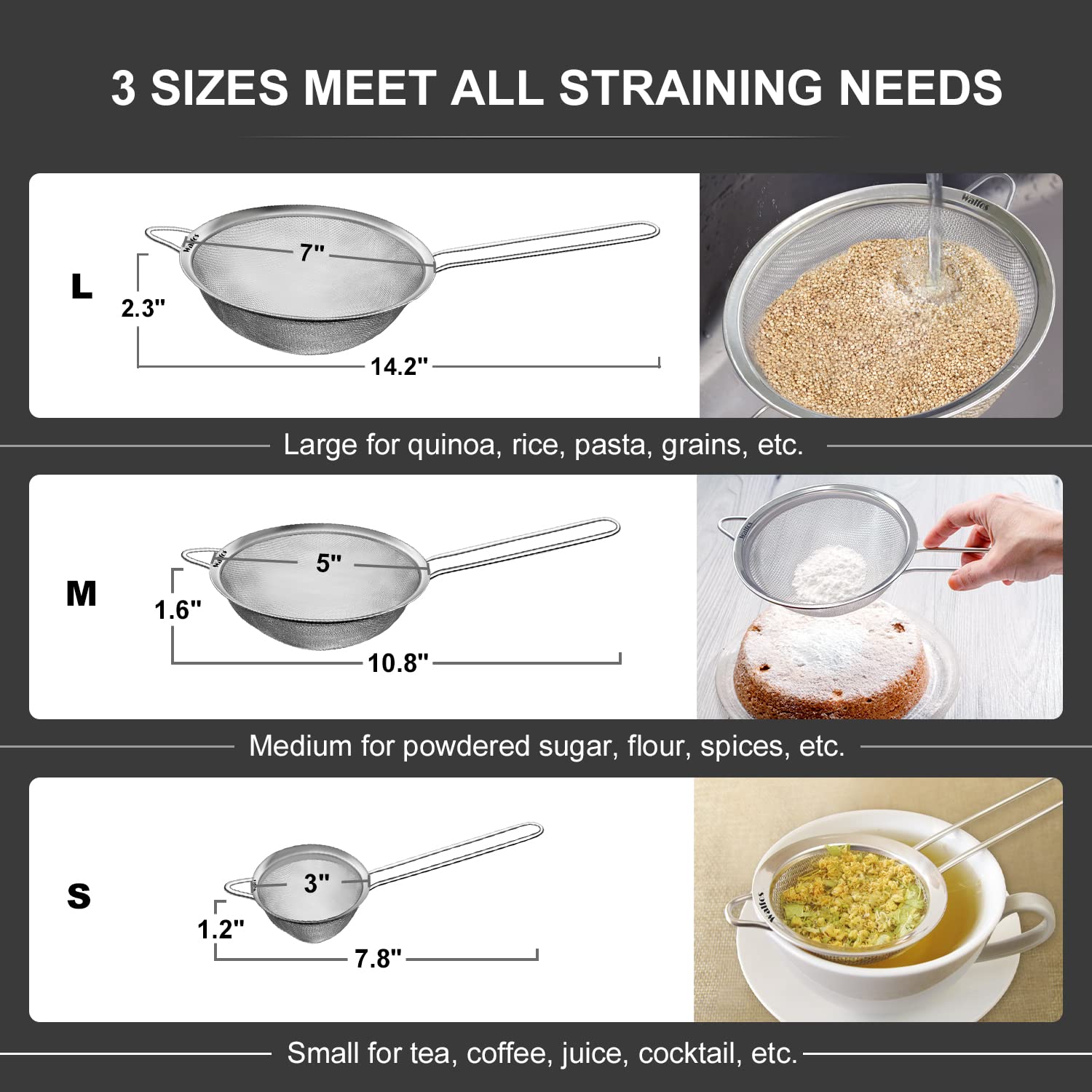Walfos Fine Mesh Strainer Set Of 3, Stainless Steel Wire Strainers For Kitchen, Multipurpose Metal Fine Sieve With Handle, Perfe