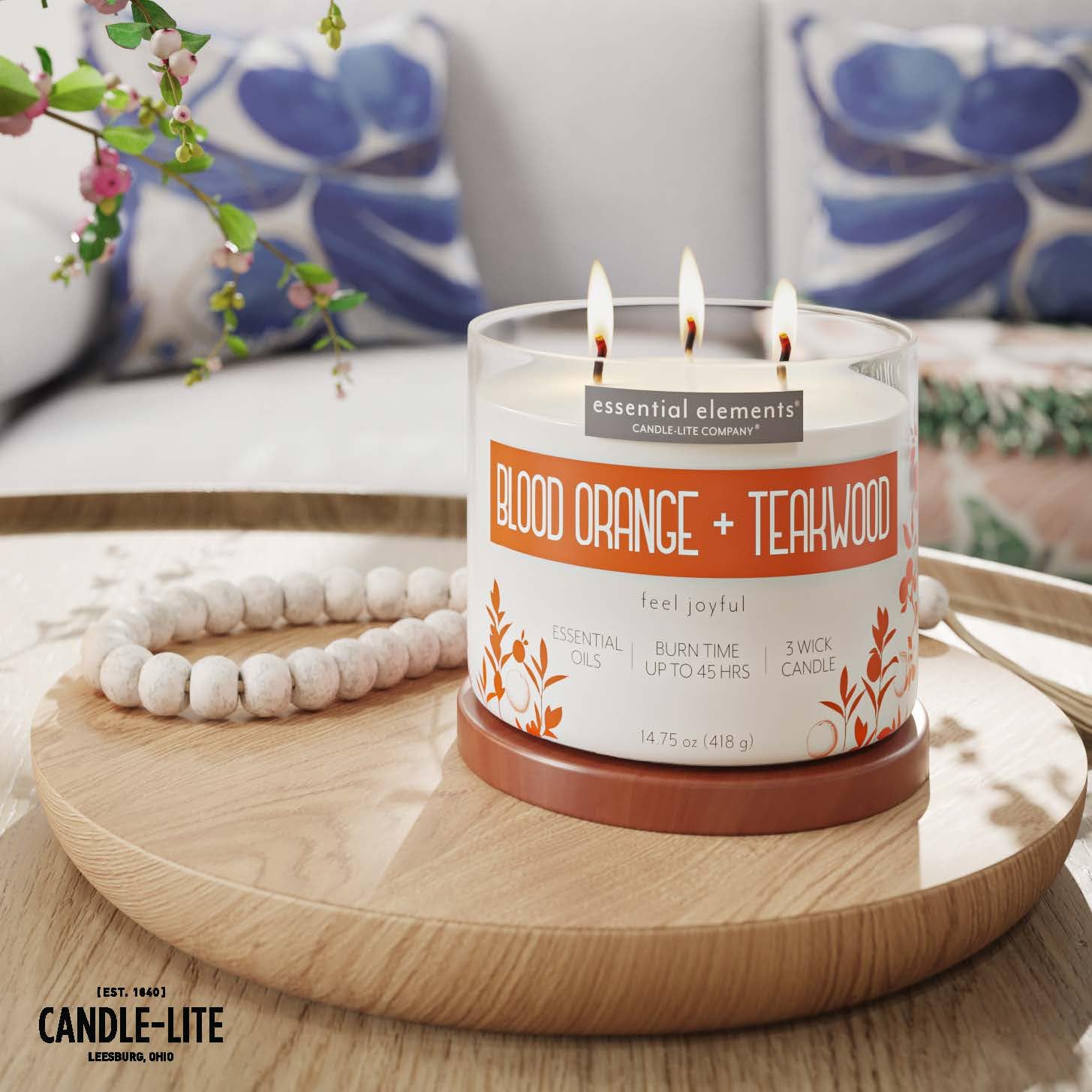 Essential Elements by Candle-lite Scented Candles, Blood Orange & Teakwood Fragrance, One 14.75 oz. Three-Wick Aromatherapy Cand
