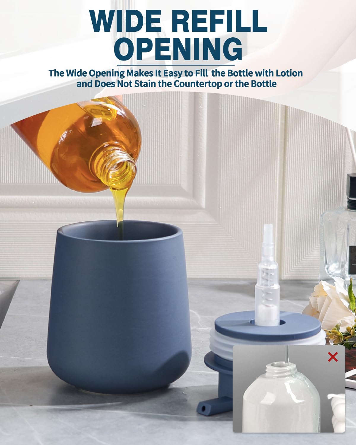 Bosilunlife Soap Dispenser Bathroom - Blue Ceramic Soap Dispenser Lotion Hand Pump Dish Soap Dispenser For Kitchen 12Oz Refillab