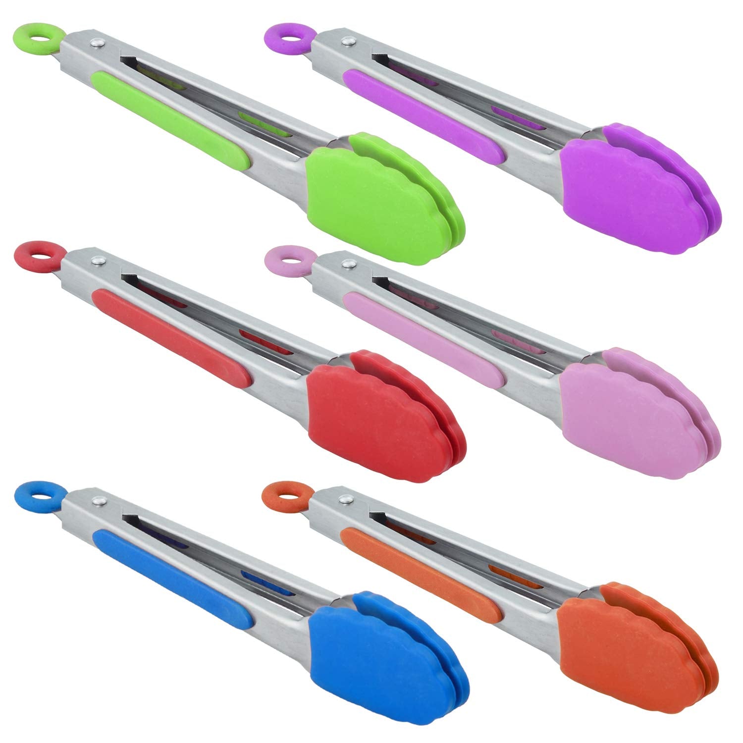 Hinmay Small Silicone Tongs 7-Inch Mini Serving Tongs, Set Of 3 (Mint Pink Yellow)