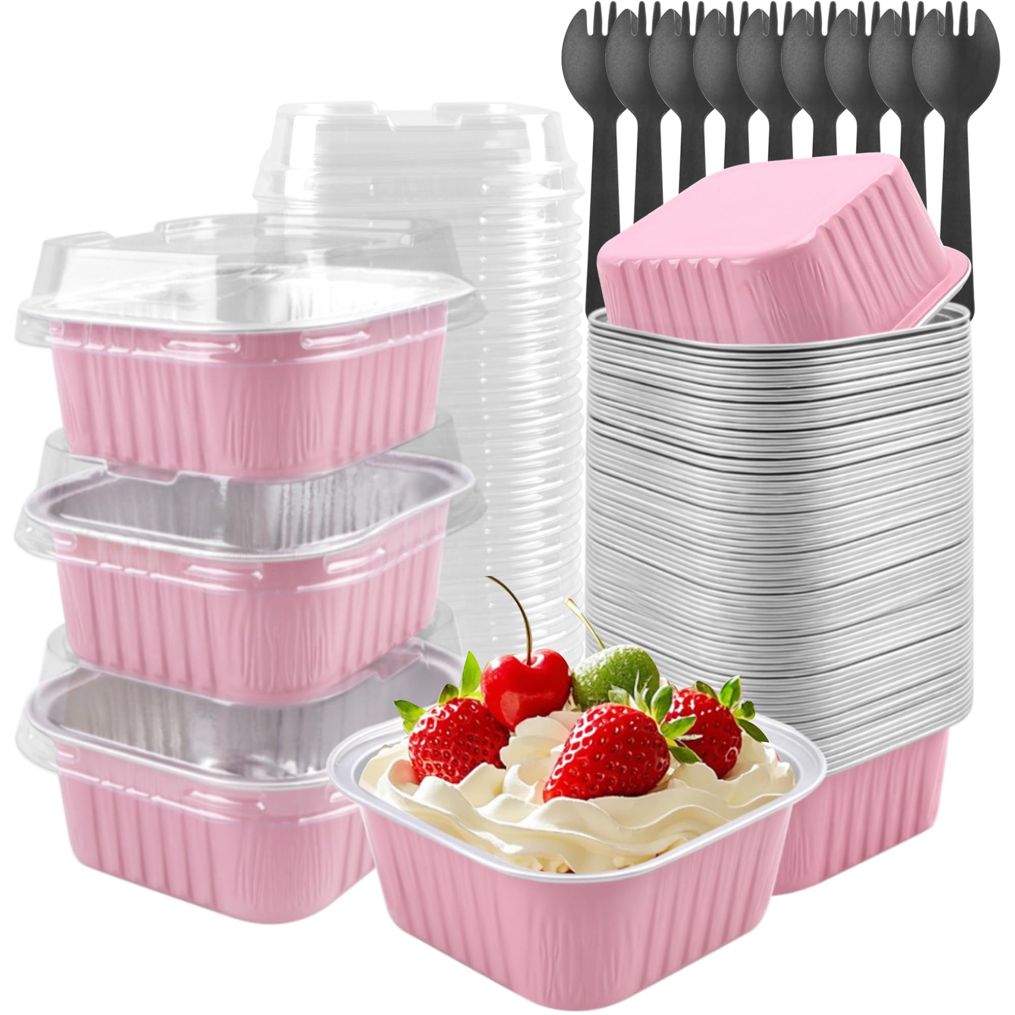 Tikxlafe Mini Cake Pans with Lids, Square, 50 Pack, 5 oz, Pink