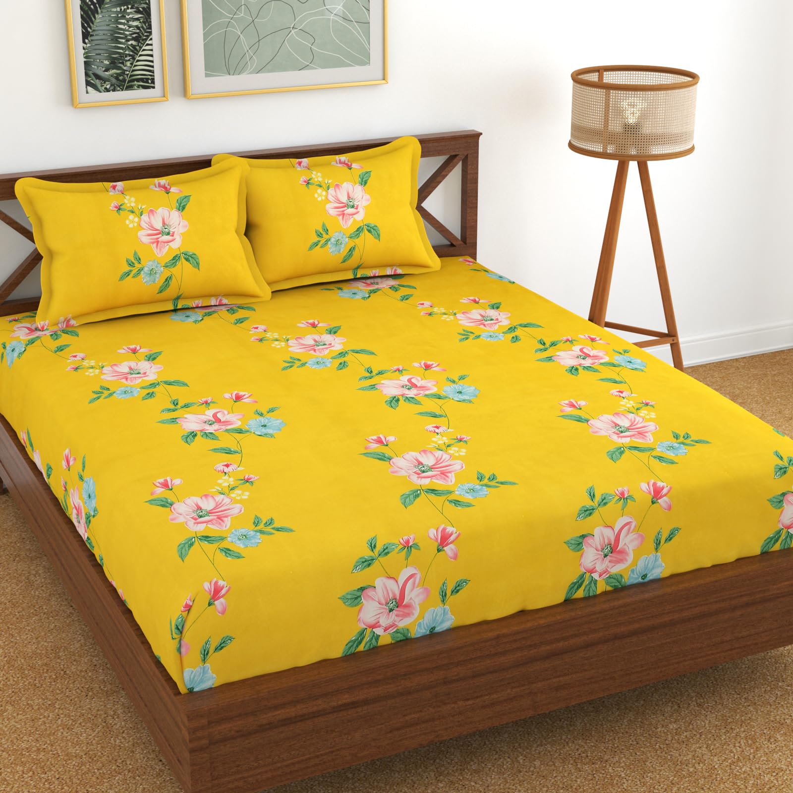 Kawi Elastic Fitted Bedsheets (60X78) Queen Size Glace Cotton For Double Bed With All Around Elastic, 2 Large Pillow Cover, 200T