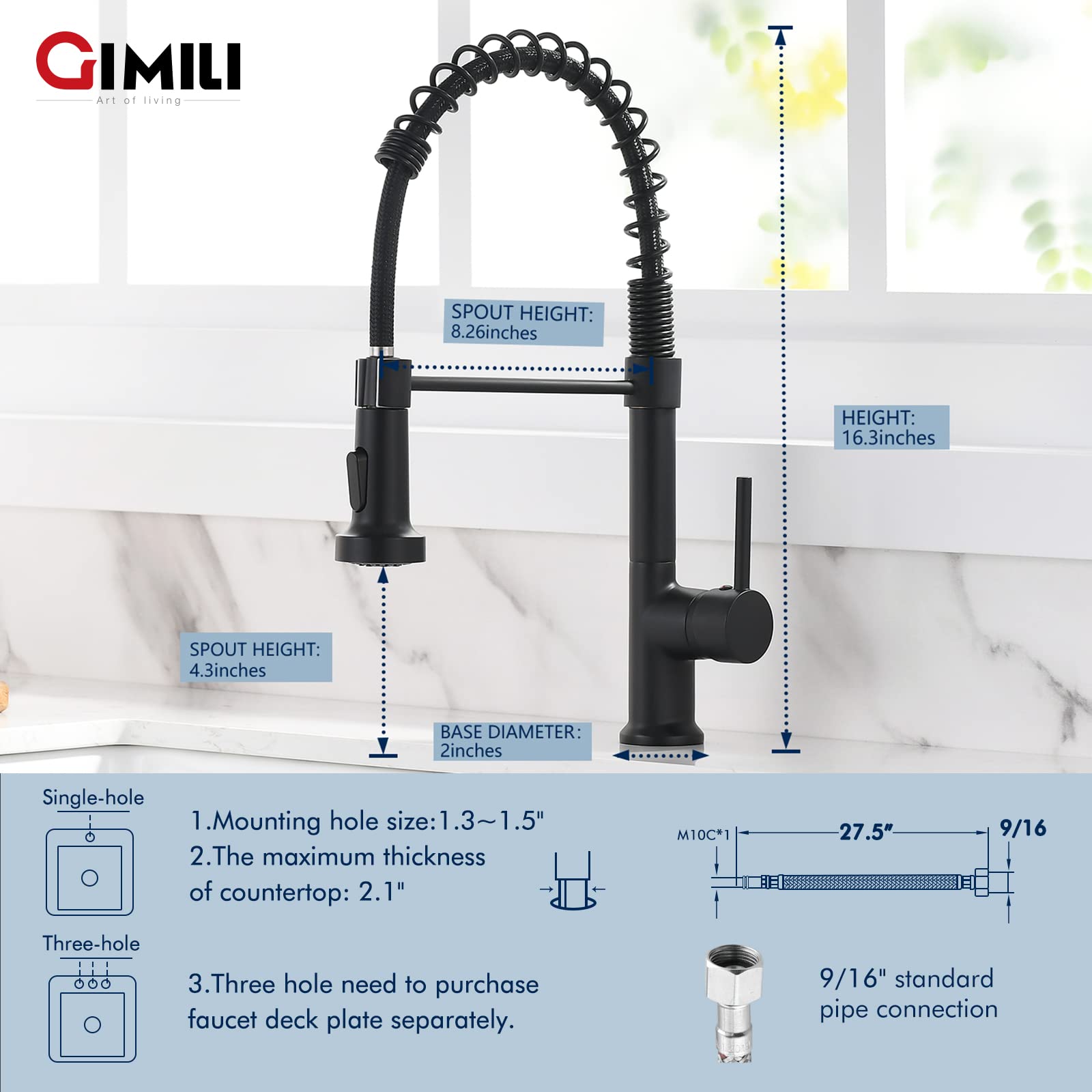 GIMILI Modern Kitchen Faucet with Pull Down Sprayer Commercial Single Handle Lever Spring Kitchen Sink Faucet Matte Black