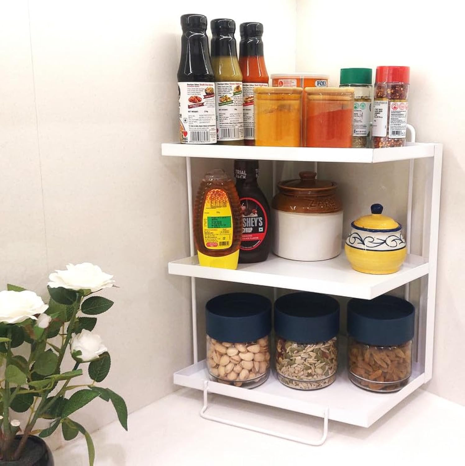 Appeasy Metal 3 Tier Kitchen Rack  Multipurpose Kitchen Organizer, Corner Shelf, Bathroom Organiser, Utilities Rack, Counter To