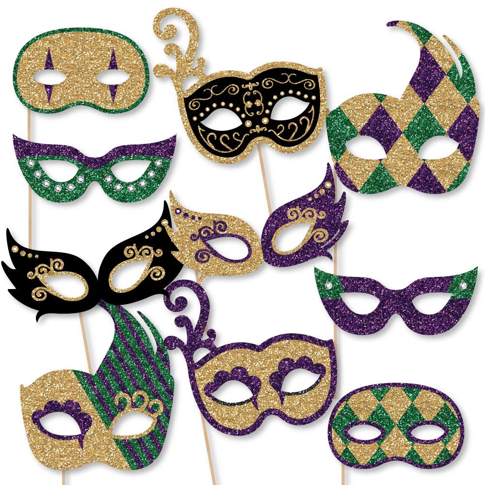 Mardi Gras Masks & Glasses - Paper Card Stock Masquerade Party Photo Booth Props Kit - 10 Count