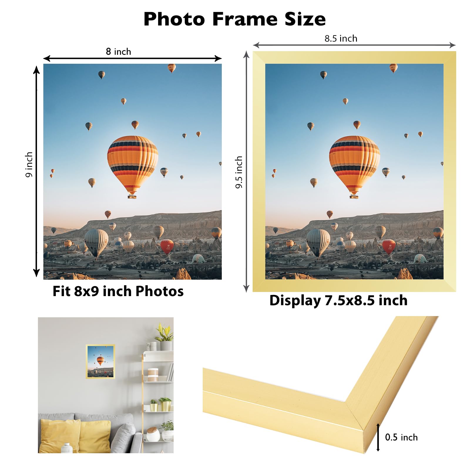 JCJMY 8x9 Picture Frame Gold for Wall Hanging or Tabletop, Wall Mounting Horizontally or Vertically, 8 x 9 Wall Gallery Poster P