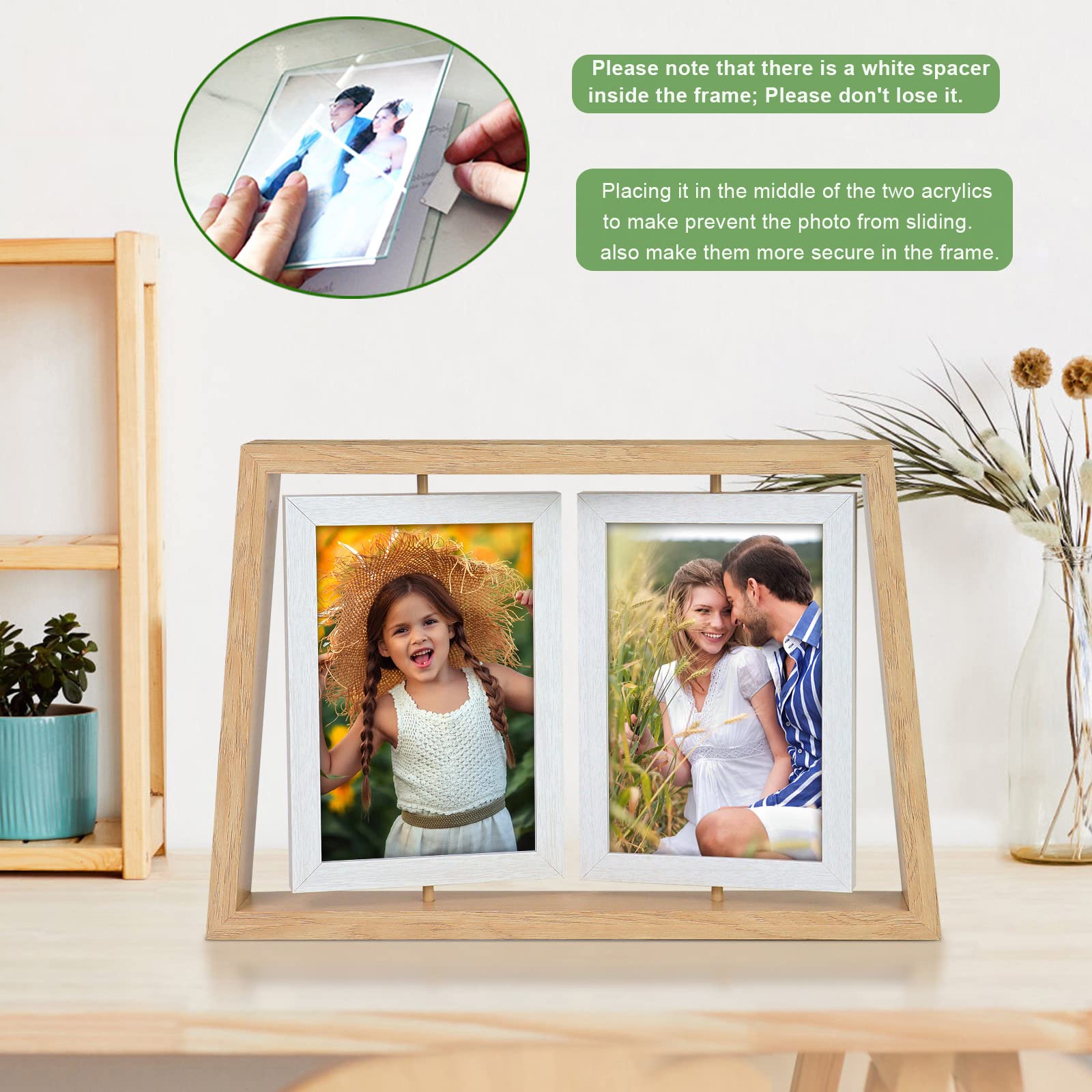 ZEEYUAN 4x6 Desk Picture Frames Rotating Rustic Photo Frame Floating 4x6 Double Side Frame for Tabletop Office Decor, Mothers Da