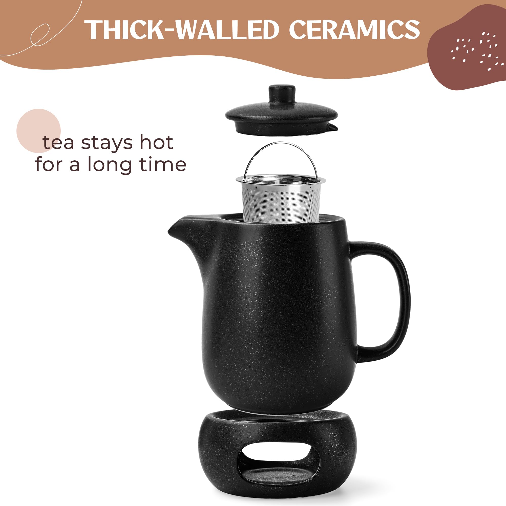 Happy Lemuro Tea Pot With Warmer Set - 40 Oz - Ceramic Teapot With Strainer - Large Tea Pot With Infuser For Loose Tea - Clay Te