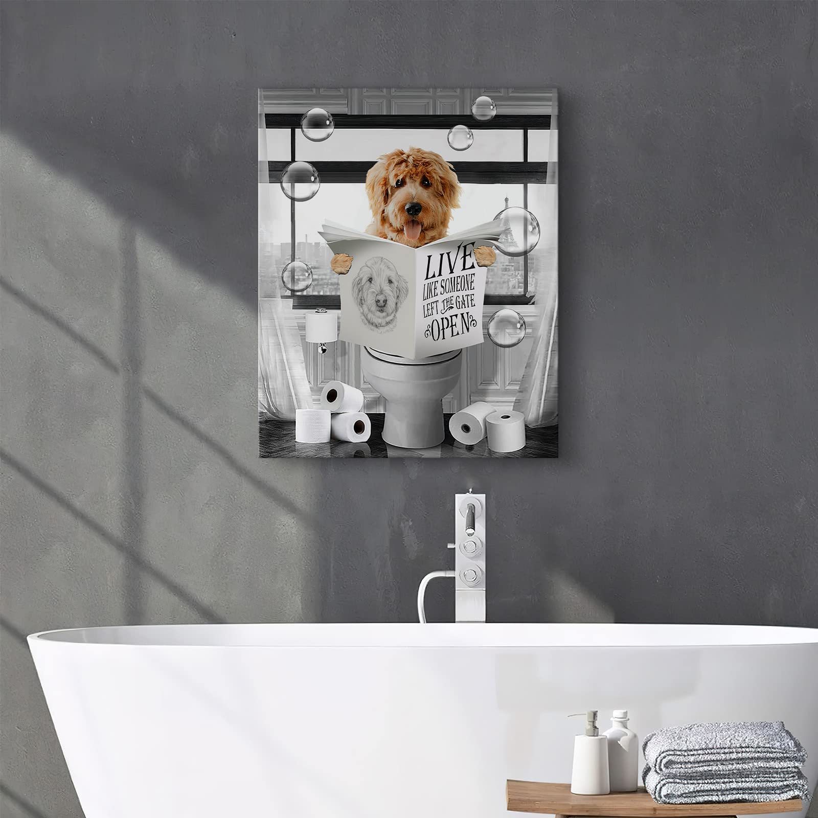 Funny Dog Sitting In Toilet Bathroom Decor Wall Art Black And White Dog Pictures Farmhouse Bathroom Animals Painting For Toilet