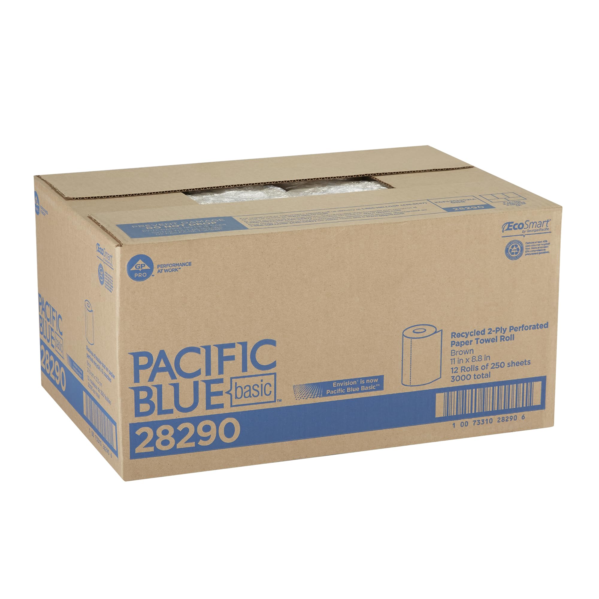 Pacific Blue Basic 2-Ply Recycled Perforated Paper Roll Towel By Gp Pro (Georgia-Pacific), Brown, 28290, 250 Sheets Per Roll, 12