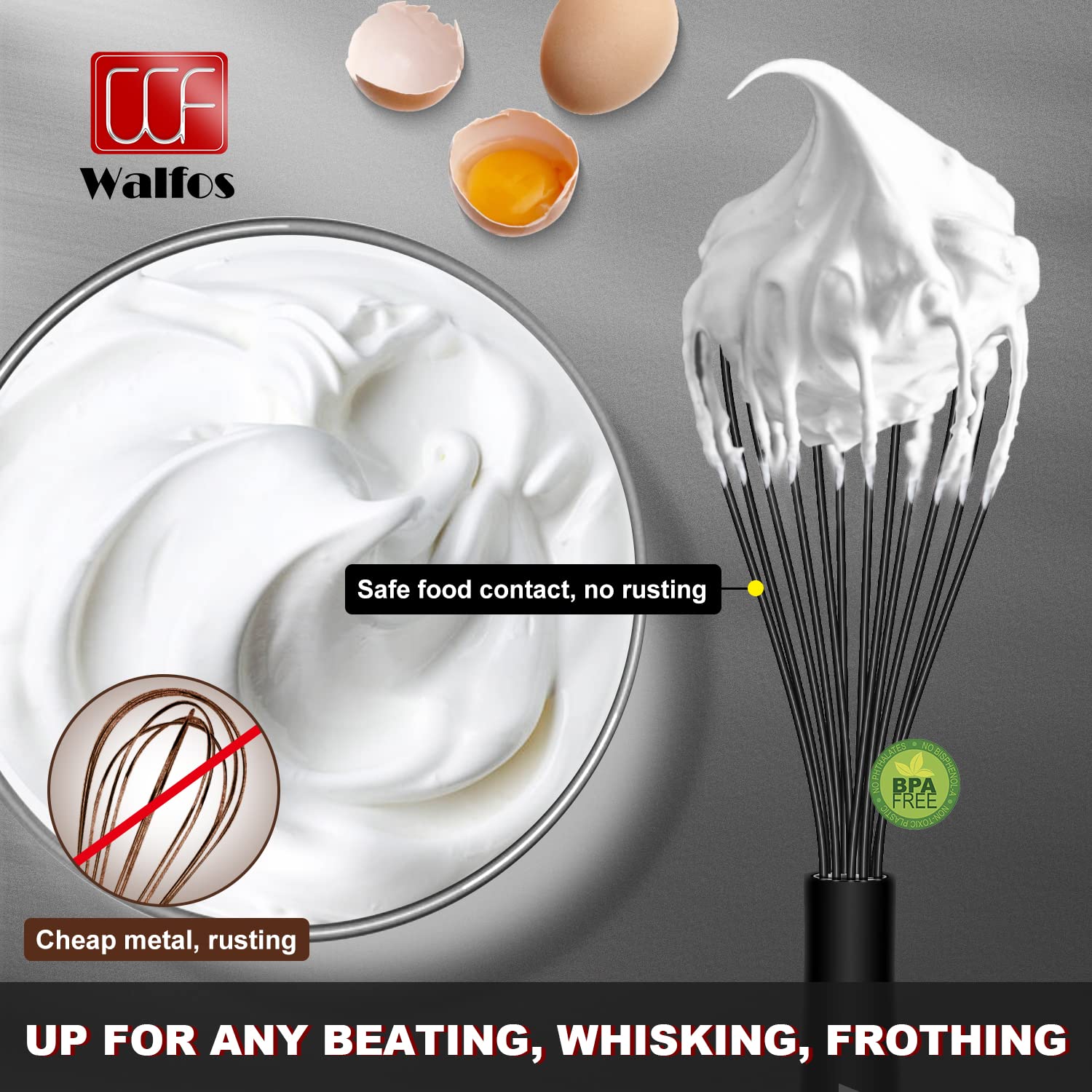 Walfos Silicone Whisk,Stainless Steel Wire Whisk Set Of 3 -Heat Resistant 480F Kitchen Whisks For Non-Stick Cookware,Balloon Egg