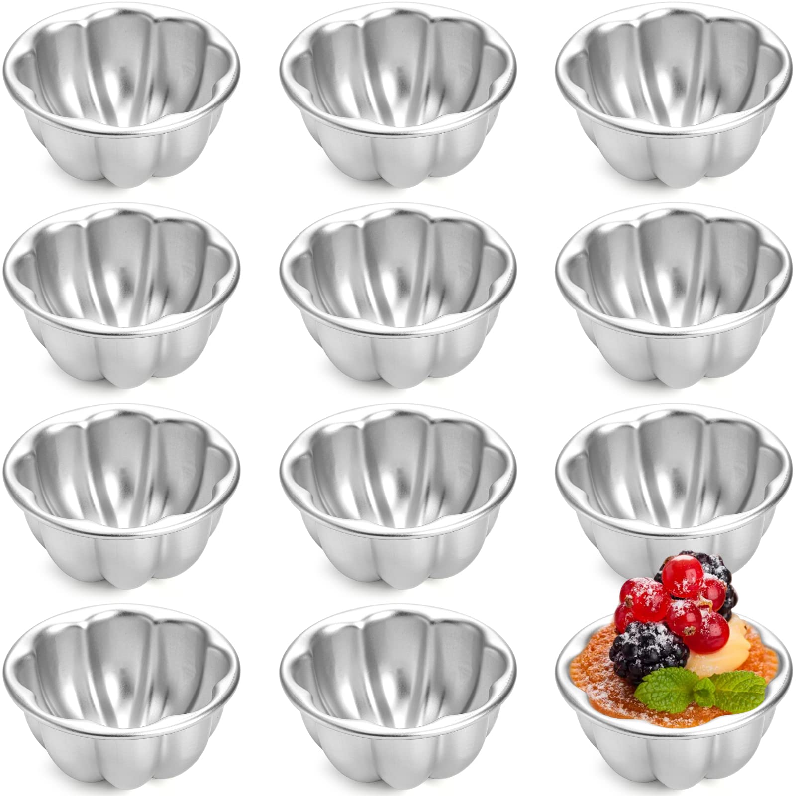 Mezchi 12 Pack Egg Tart Molds, Aluminum Alloy Pudding Jelly Molds, Reusable Cake Tartlets, Cupcake And Muffin Cups For Baking, F