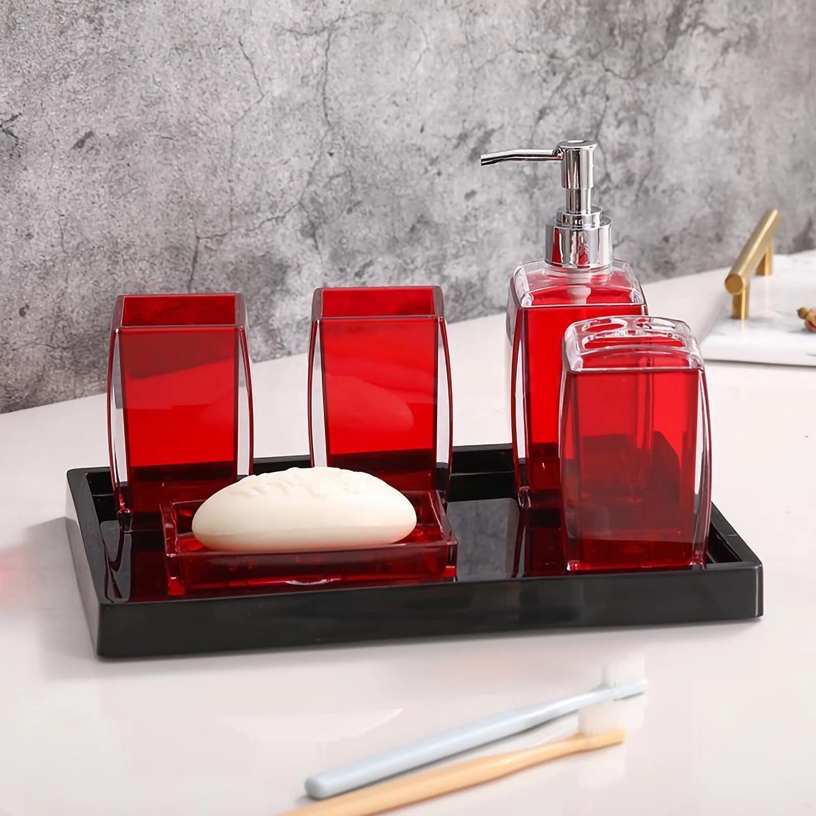 Tuanyo 5 Pcs Red Acrylic Bathroom Accessories Set Complete, Lotion/Soap Dispenser, Soap Dish, Toothbrush Holder, Tumbler, Toilet