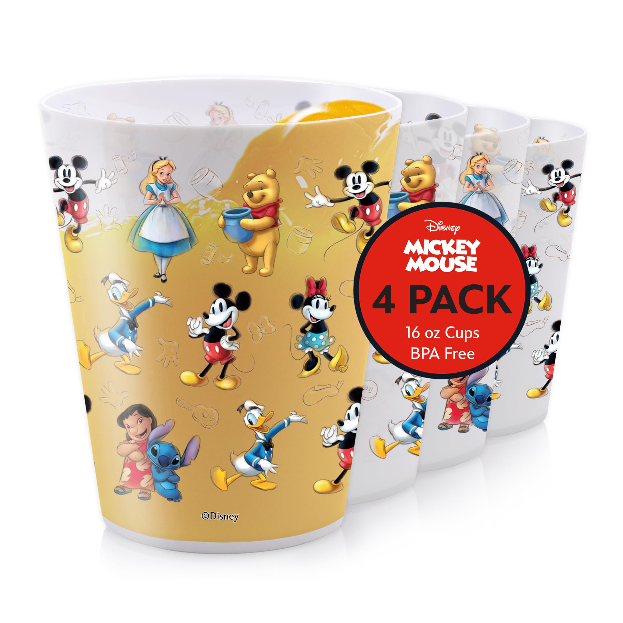 Disney Reusable Plastic Cups - 4 Pack 16 oz Plastic Drinking Glasses with Mickey, Stitch, Pooh, or Disney100 Designs - BPA-Free,