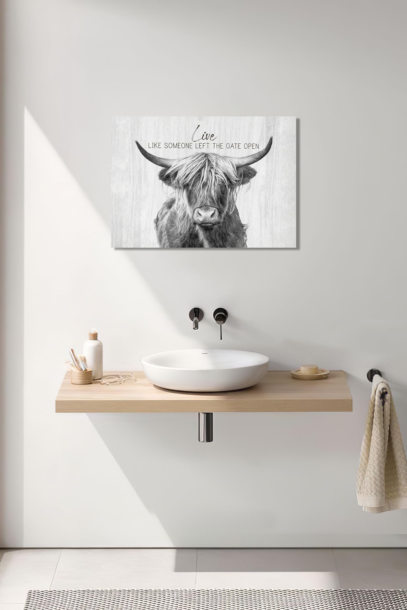 Taimeng Farmhouse Highland Cow Wall Art Black And White Cow Bathroom Pictures Decor Rustic Cattle Canvas Painting Country Cow De