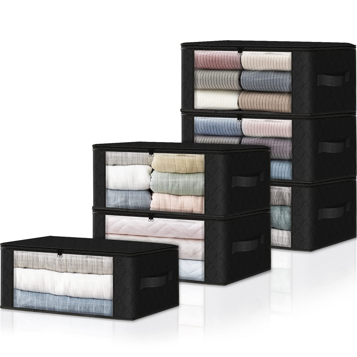 HomeHacks 6-Pack Clothes Organizer Storage Bags Foldable Storage Box with Large Clear Window Sturdy Handles for Closet, Dorm, Pi