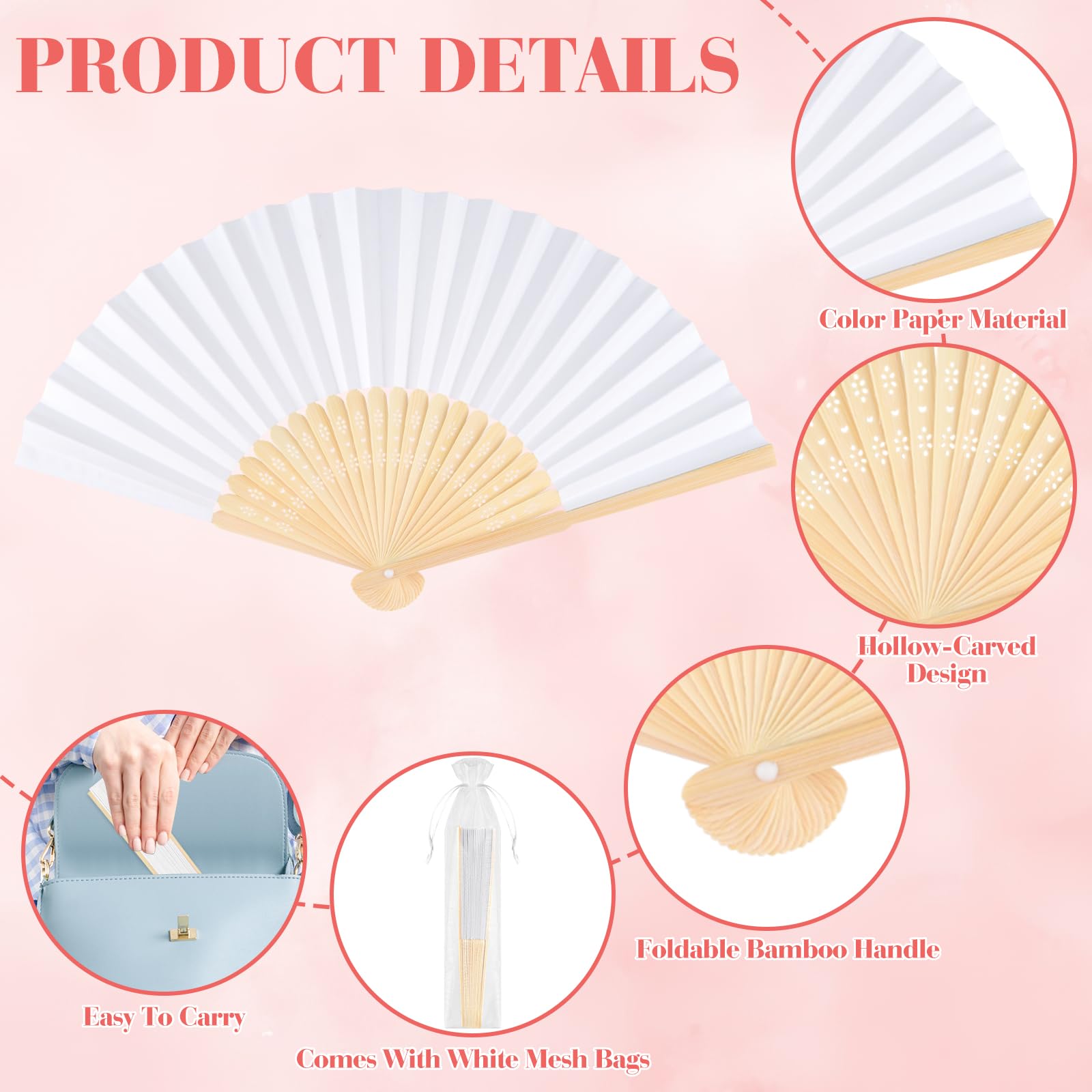 BOUBONI 12 Pieces Hand Held Bamboo Folding Fans Paper Fans Handheld for Women Foldable Girls Wedding Decoration Church Home Part