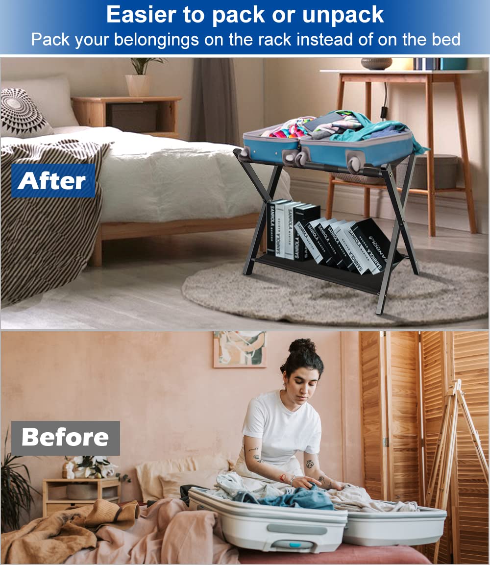 Queension Folding Luggage Rack Stand With Shelf For Guest Room, Foldable Metal Suitcase Storage Caddy Holder For Bedroom Hotel E