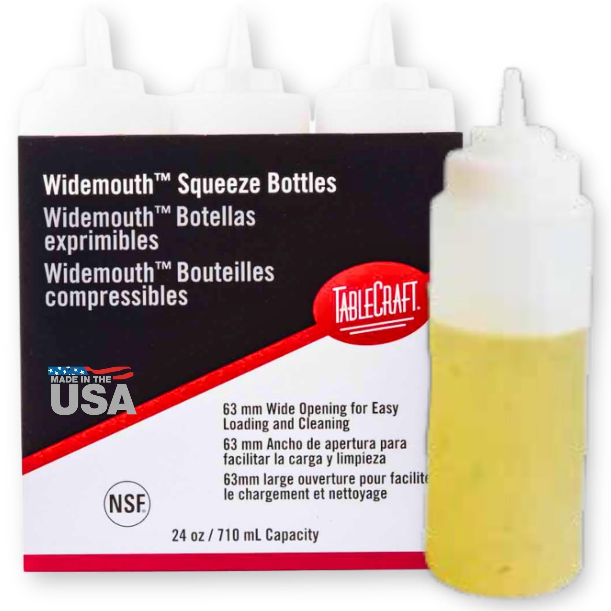 TableCraft C12463C, Widemouth Squeeze Bottles, 24 Ounces, White, Polyethylene, Pack of 6, Large 63mm Opening for Easy Filling, S